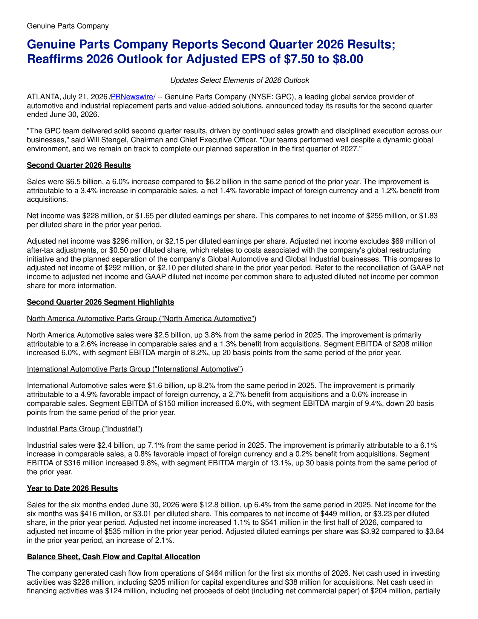 Genuine Parts' Q2 2026 Press Release