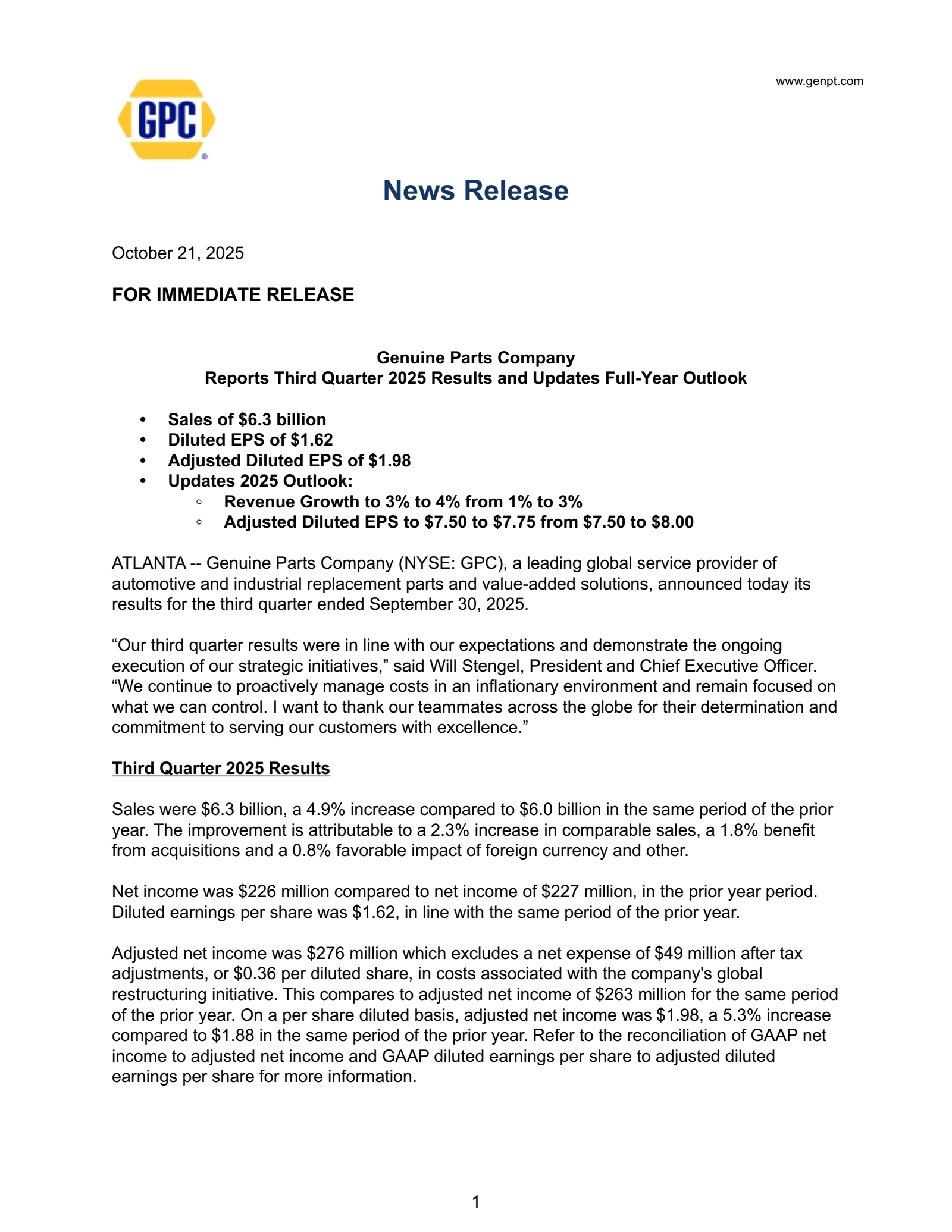 Genuine Parts' Q3 2025 Earnings Release