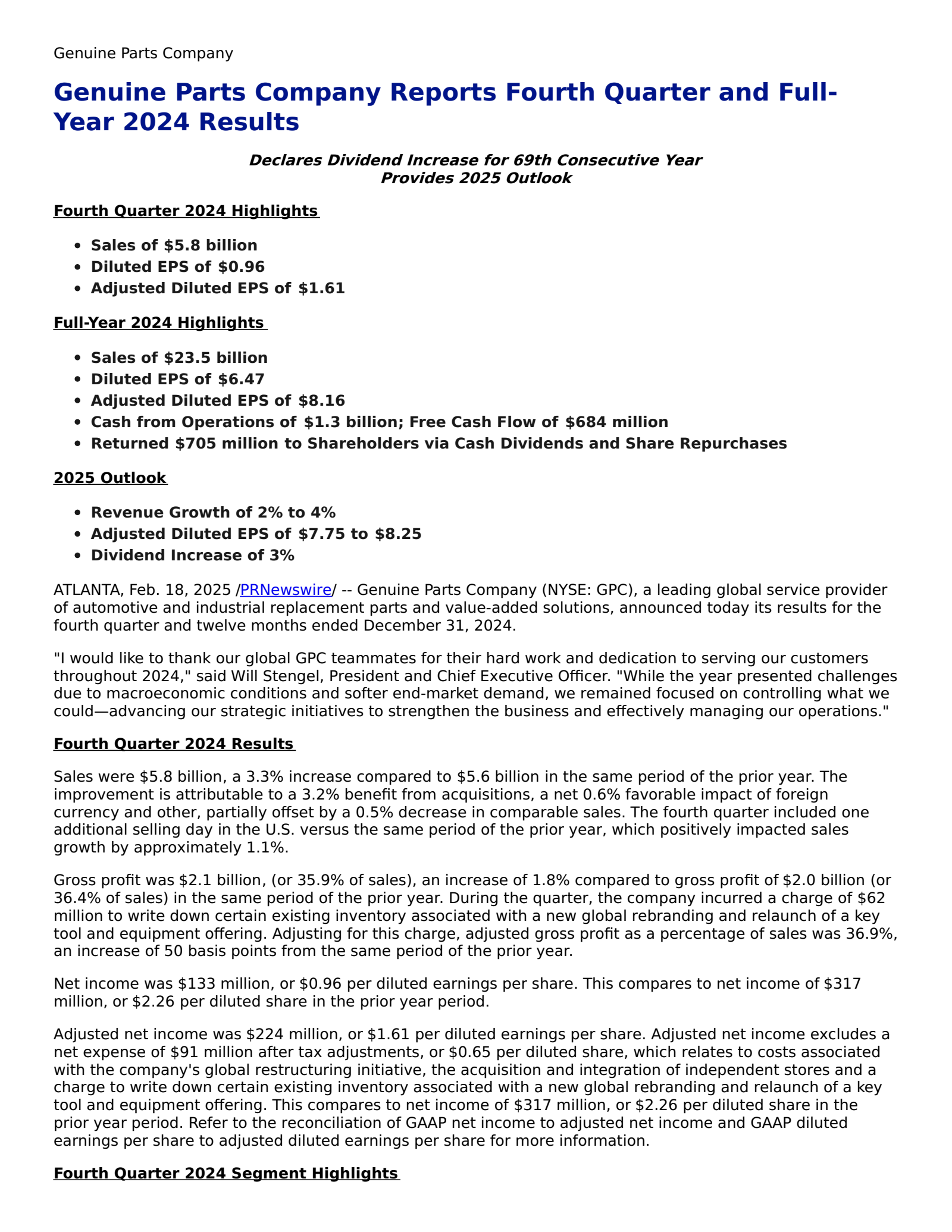 Genuine Parts' Q4 2024 Press Release