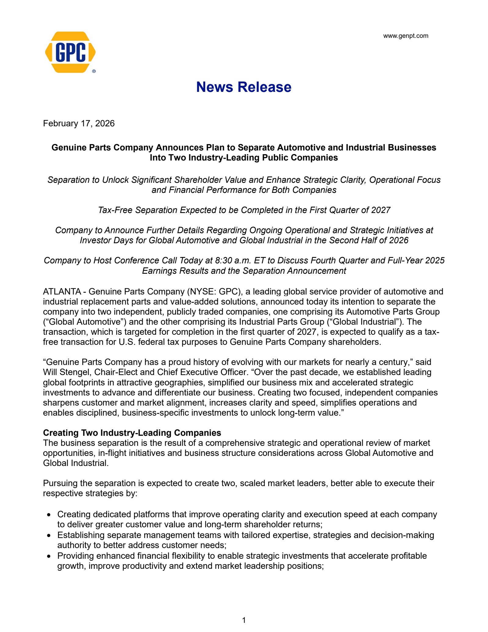 Genuine Parts' Q4 2025 & Investor update Press release