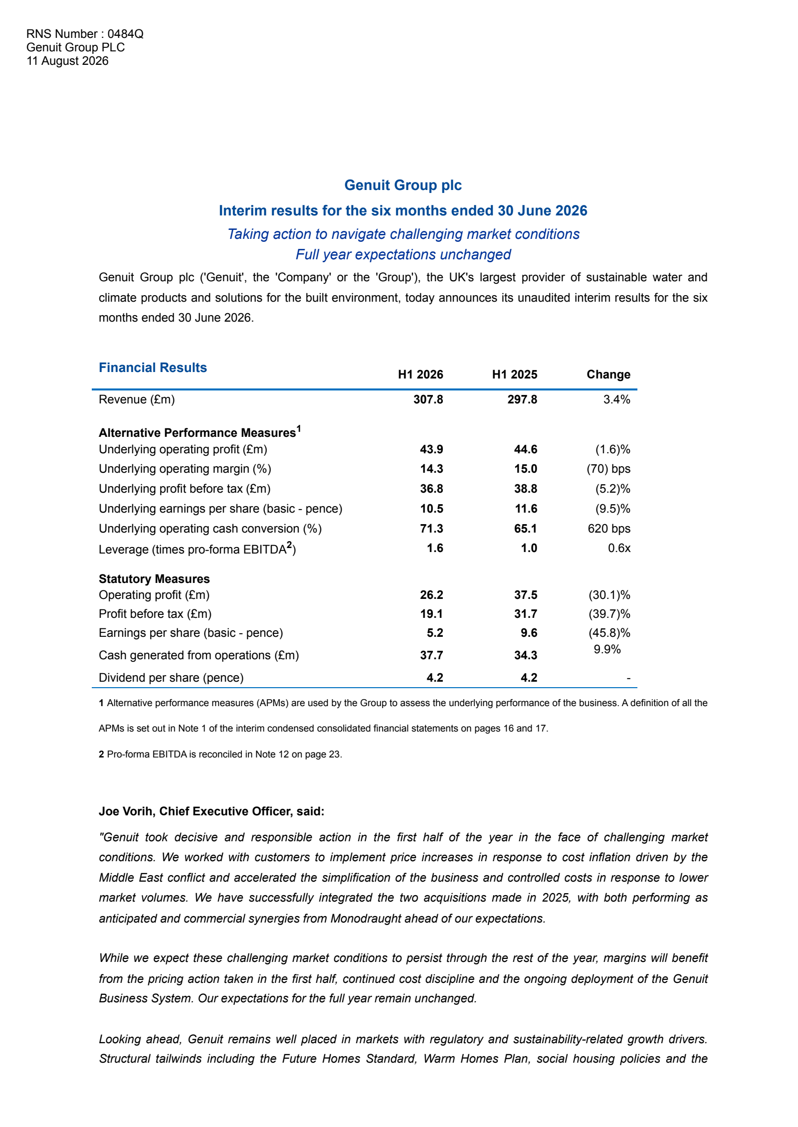 Genuit Group's H1 2026 Interim report