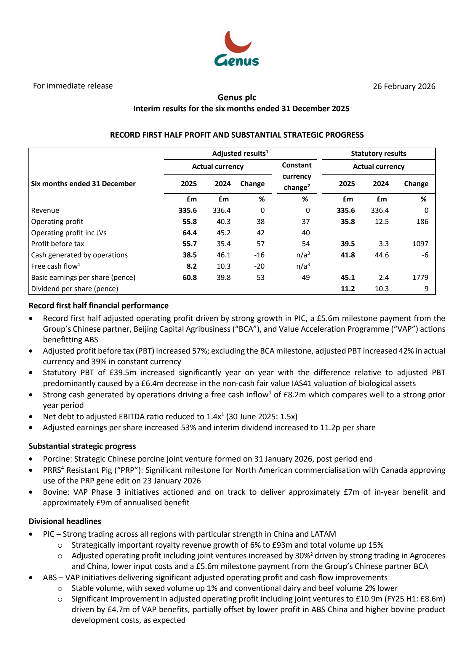 Genus' H1 2026 Interim report