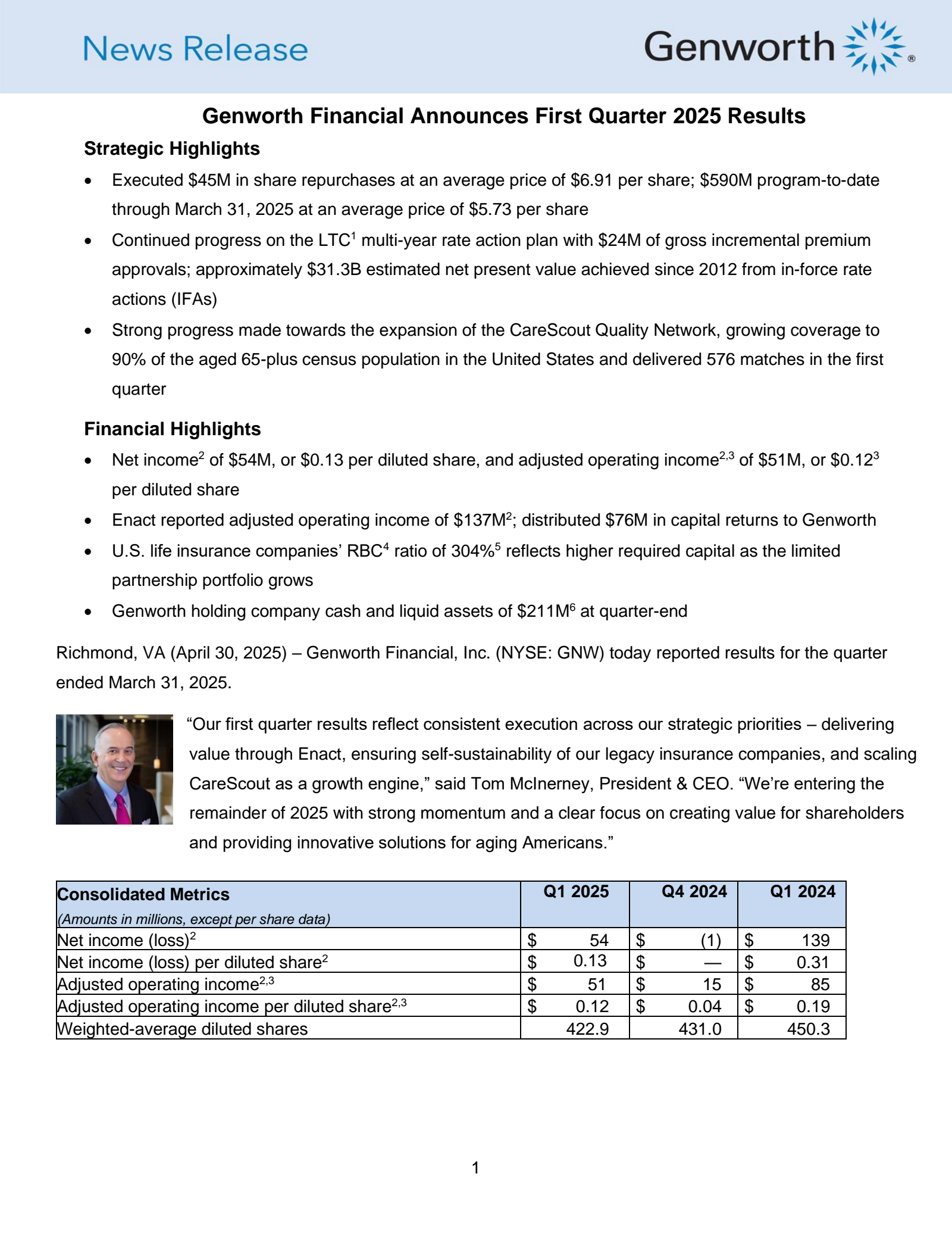 Genworth Financial's Q1 2025 Press Release