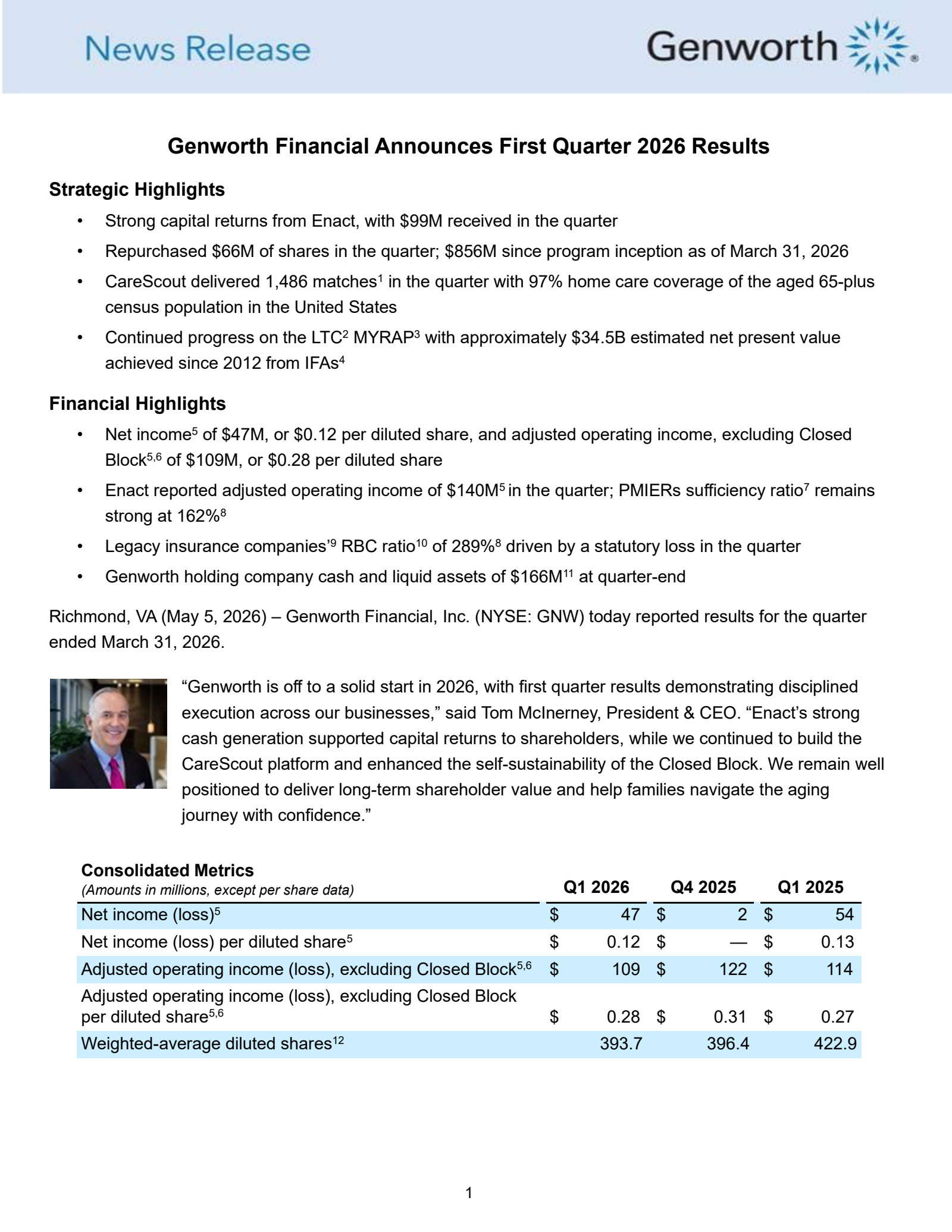 Genworth Financial's Q1 2026 Press Release