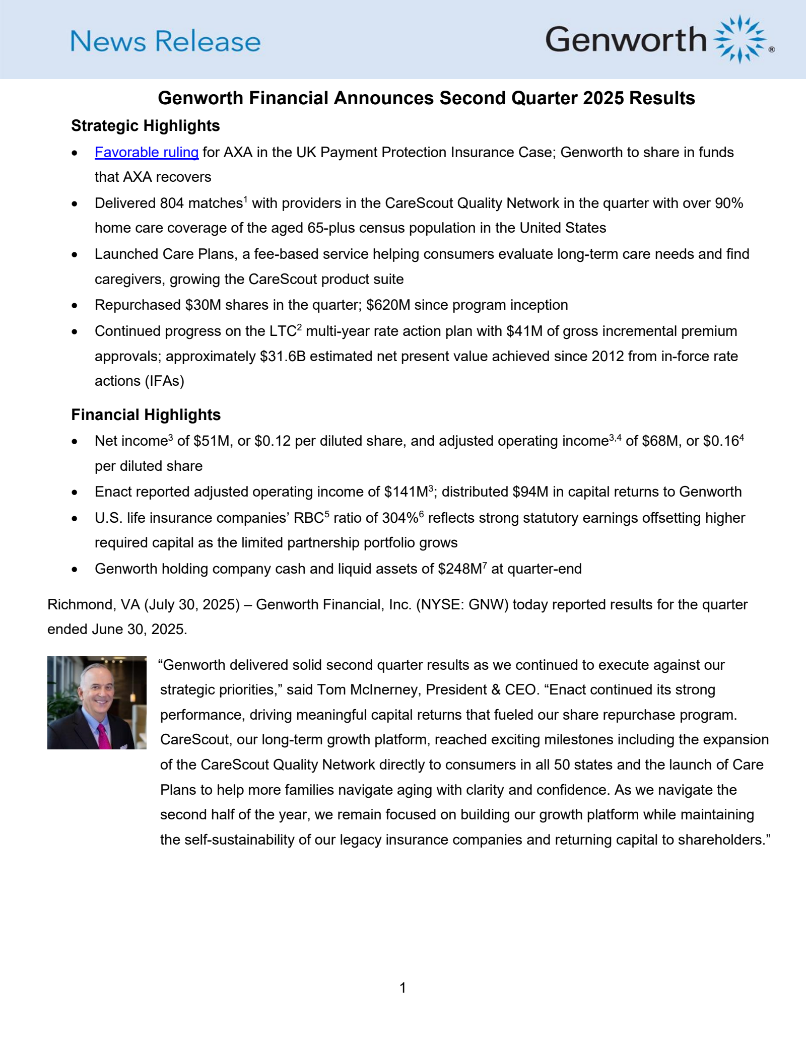 Genworth Financial's Q2 2025 Press Release