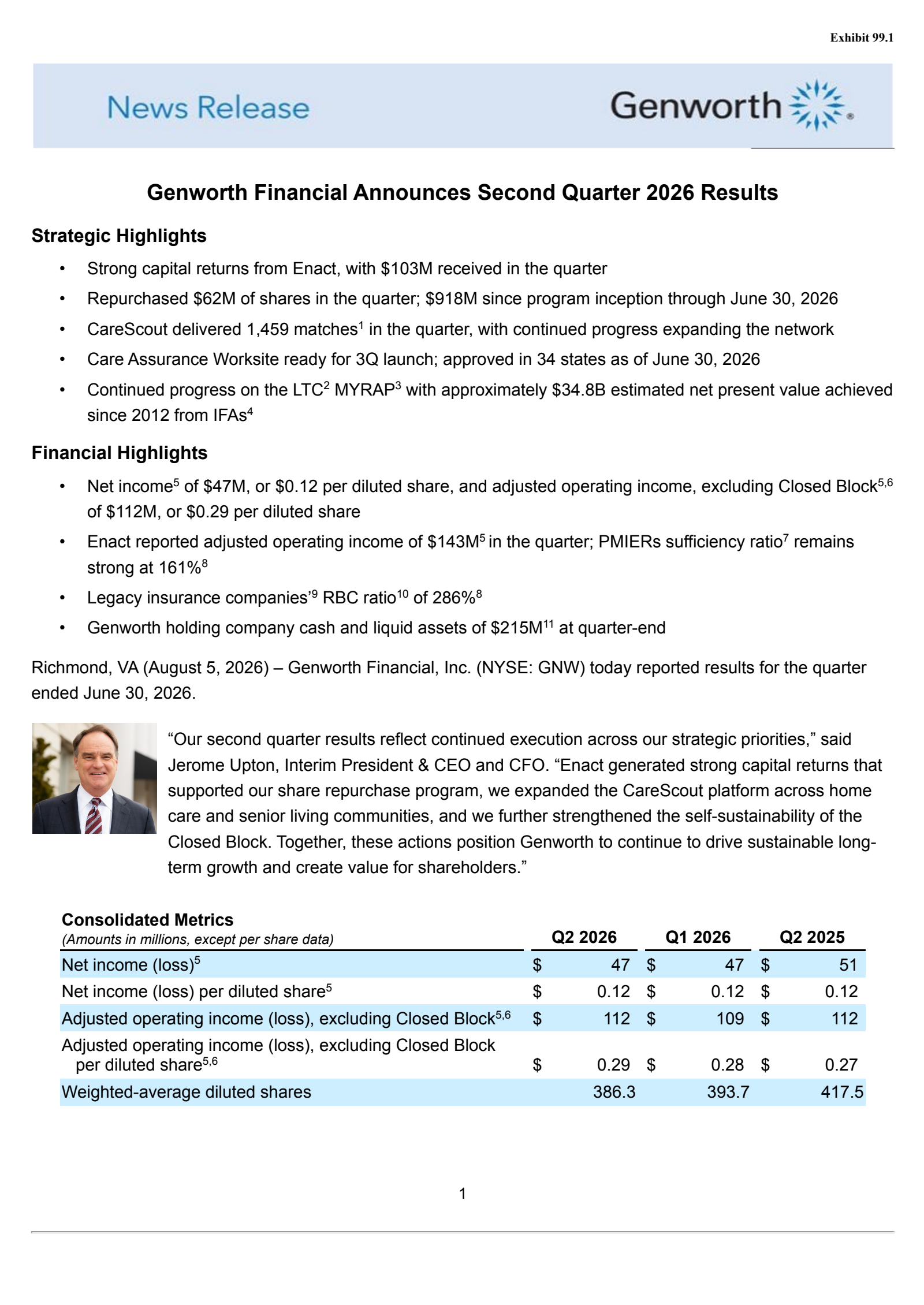 Genworth Financial's Q2 2026 Press Release