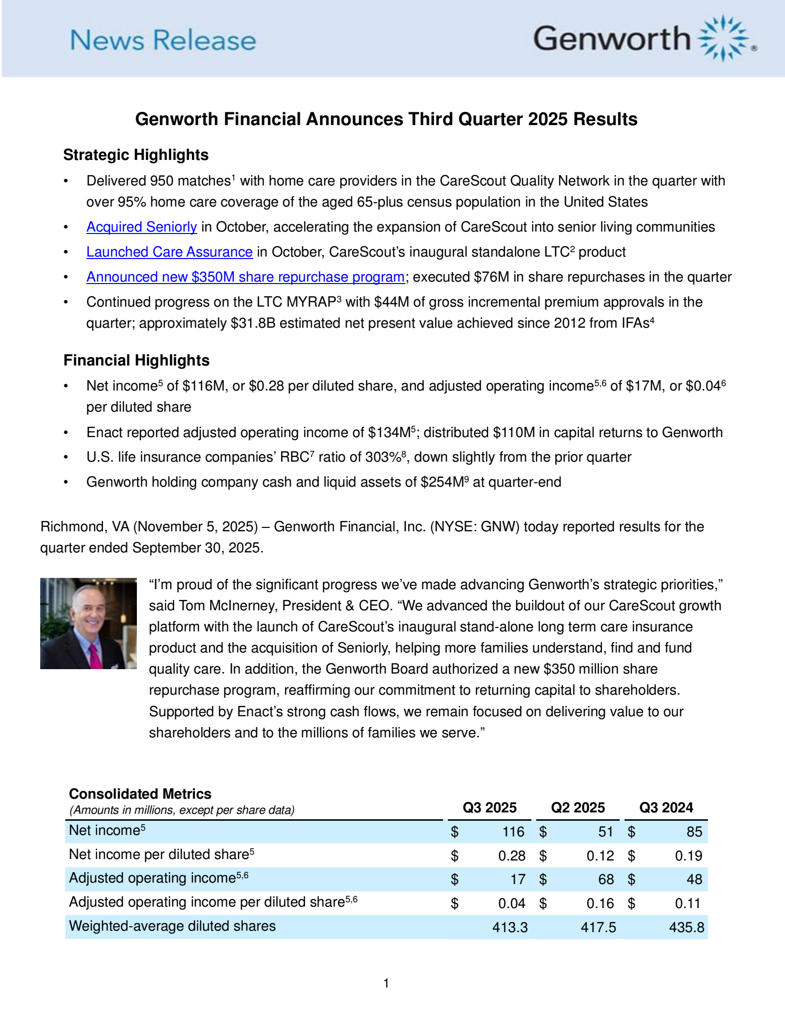 Genworth Financial's Q3 2025 Earnings Release