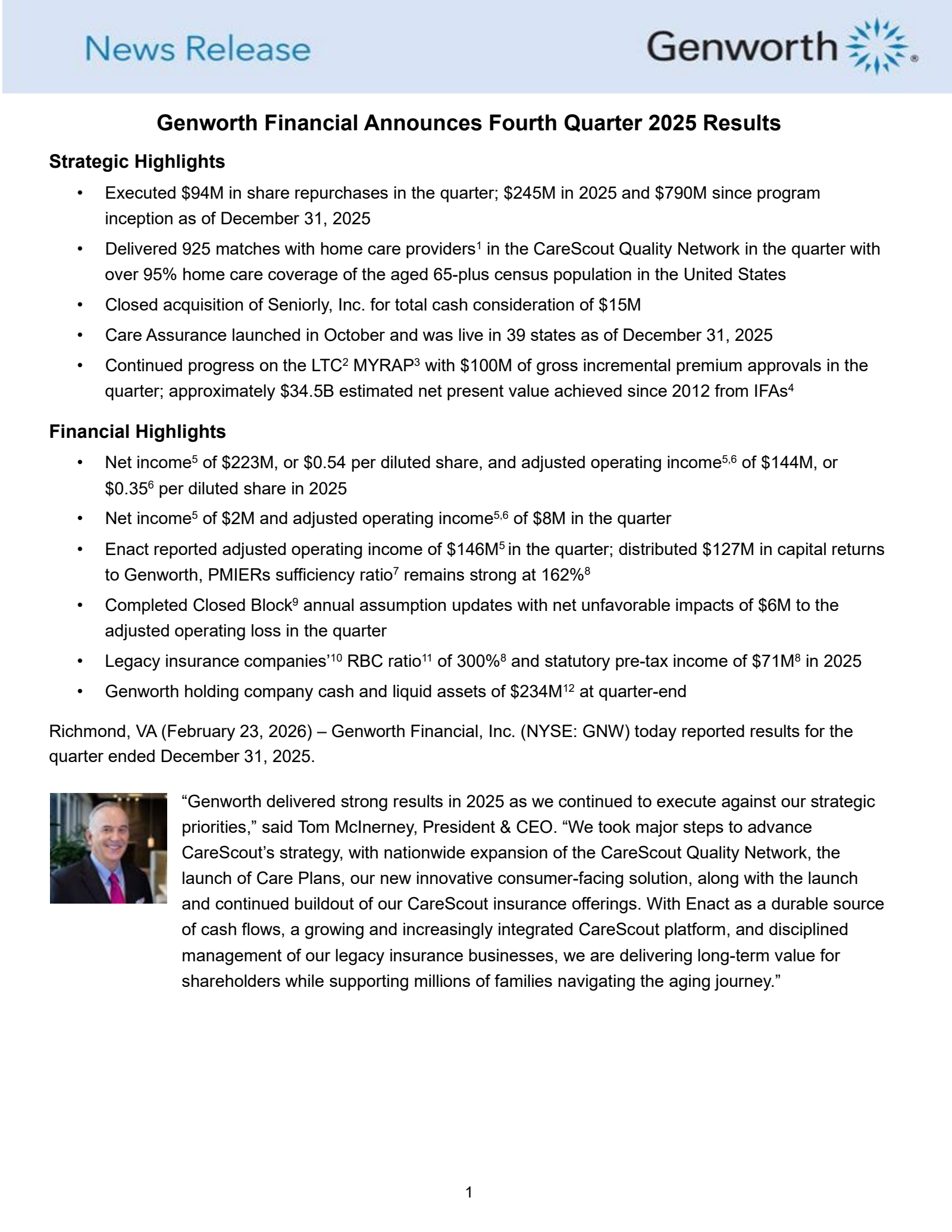 Genworth Financial's Q4 2025 Press Release