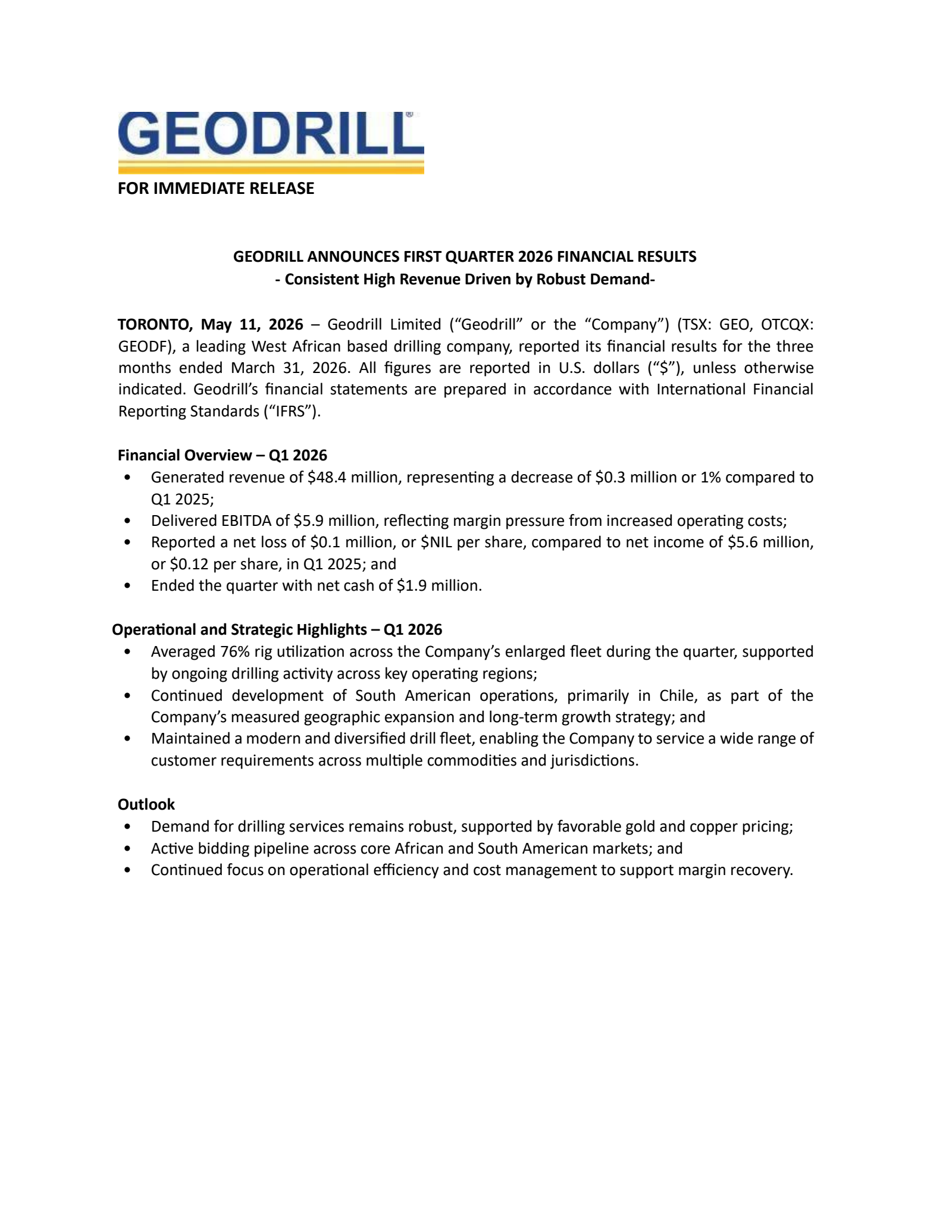 Geodrill's Q1 2026 Press Release