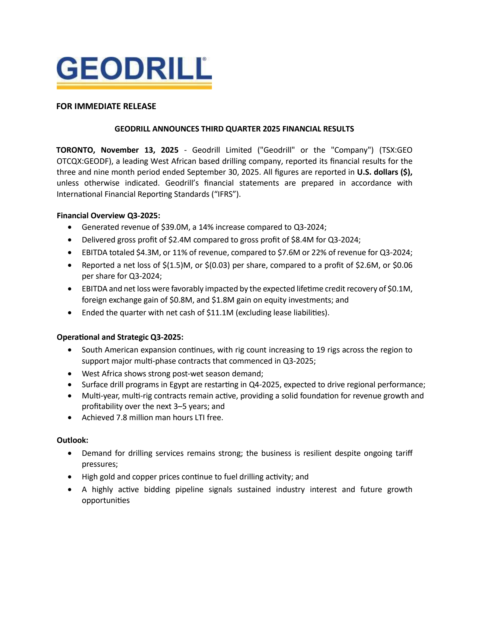 Geodrill's Q3 2025 Earnings Release