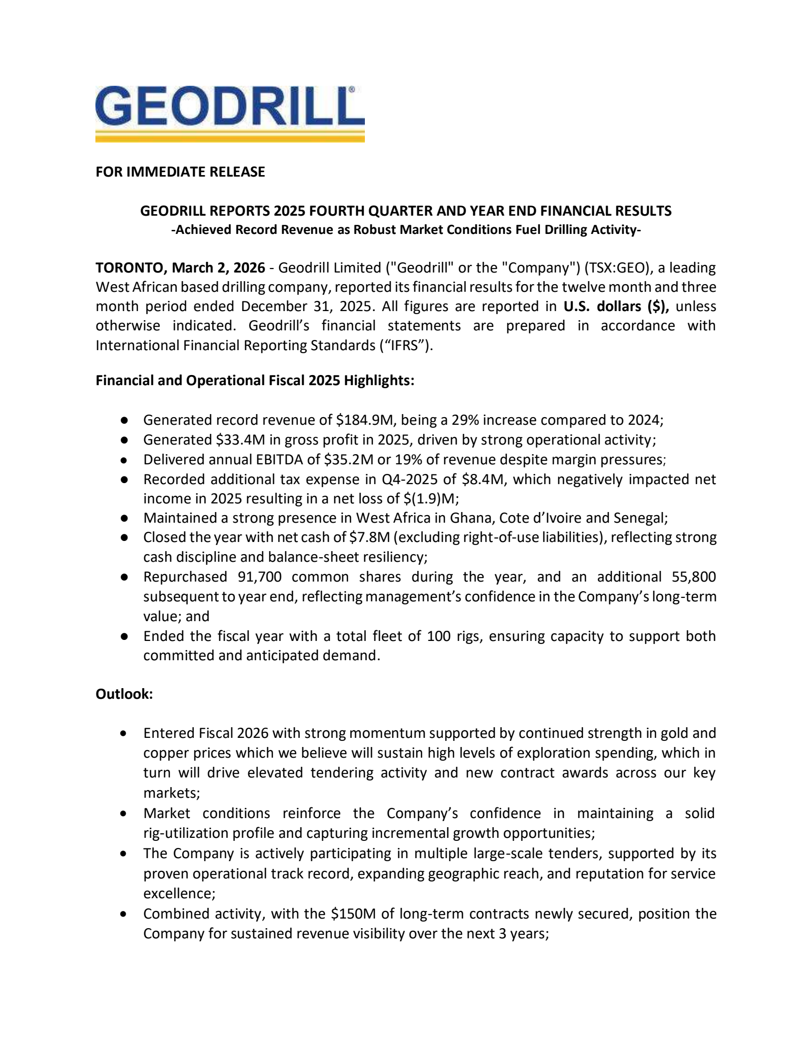Geodrill's Q4 2025 Press Release