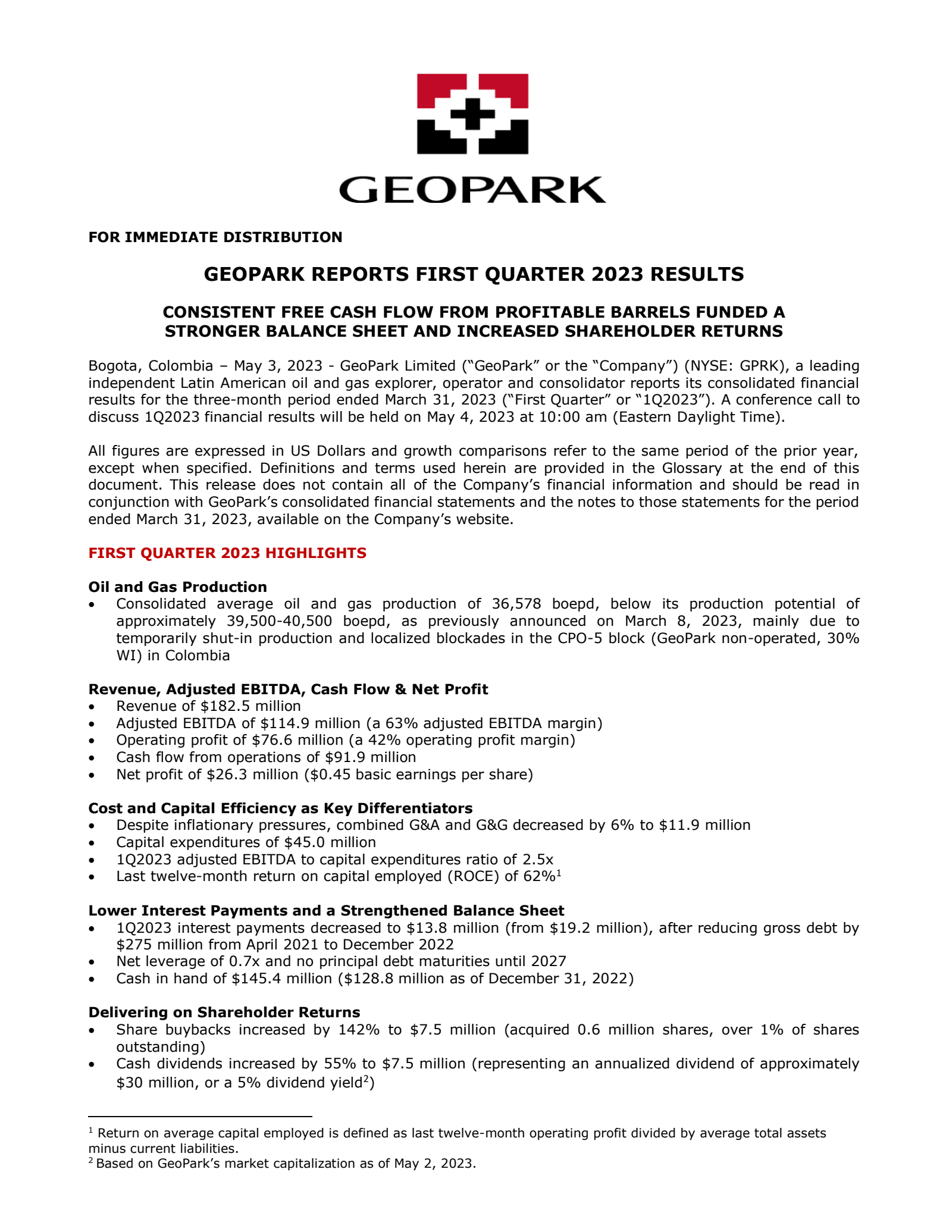 Geopark's Q1 2023 Press Release