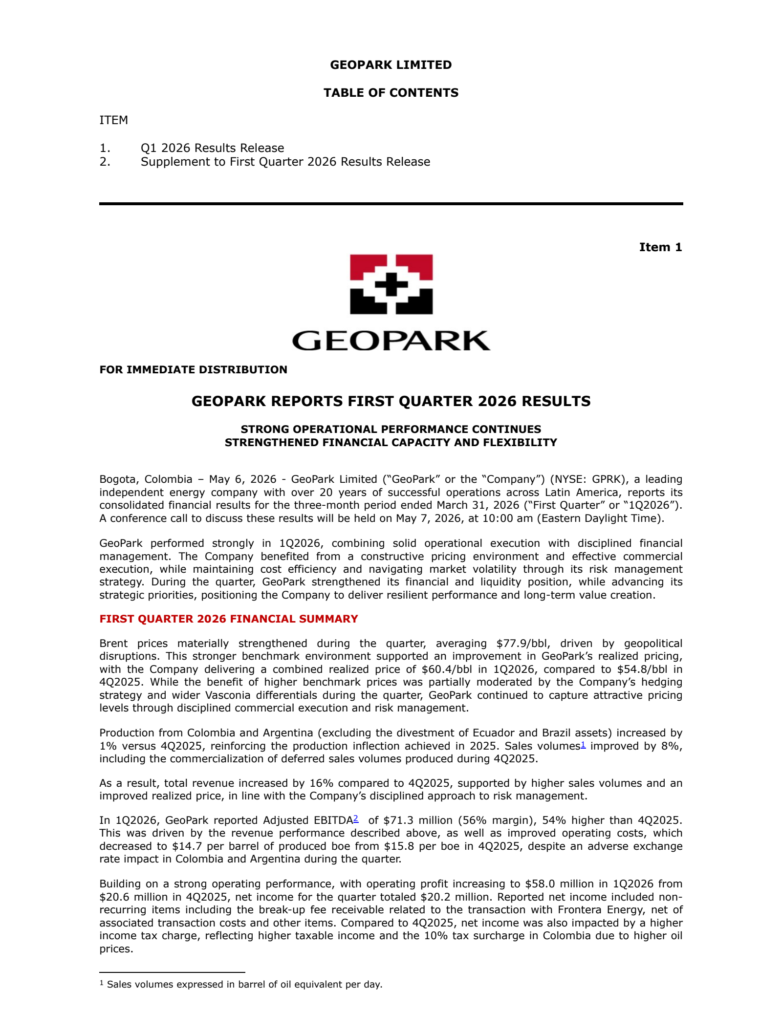 Geopark's Q1 2026 Press Release