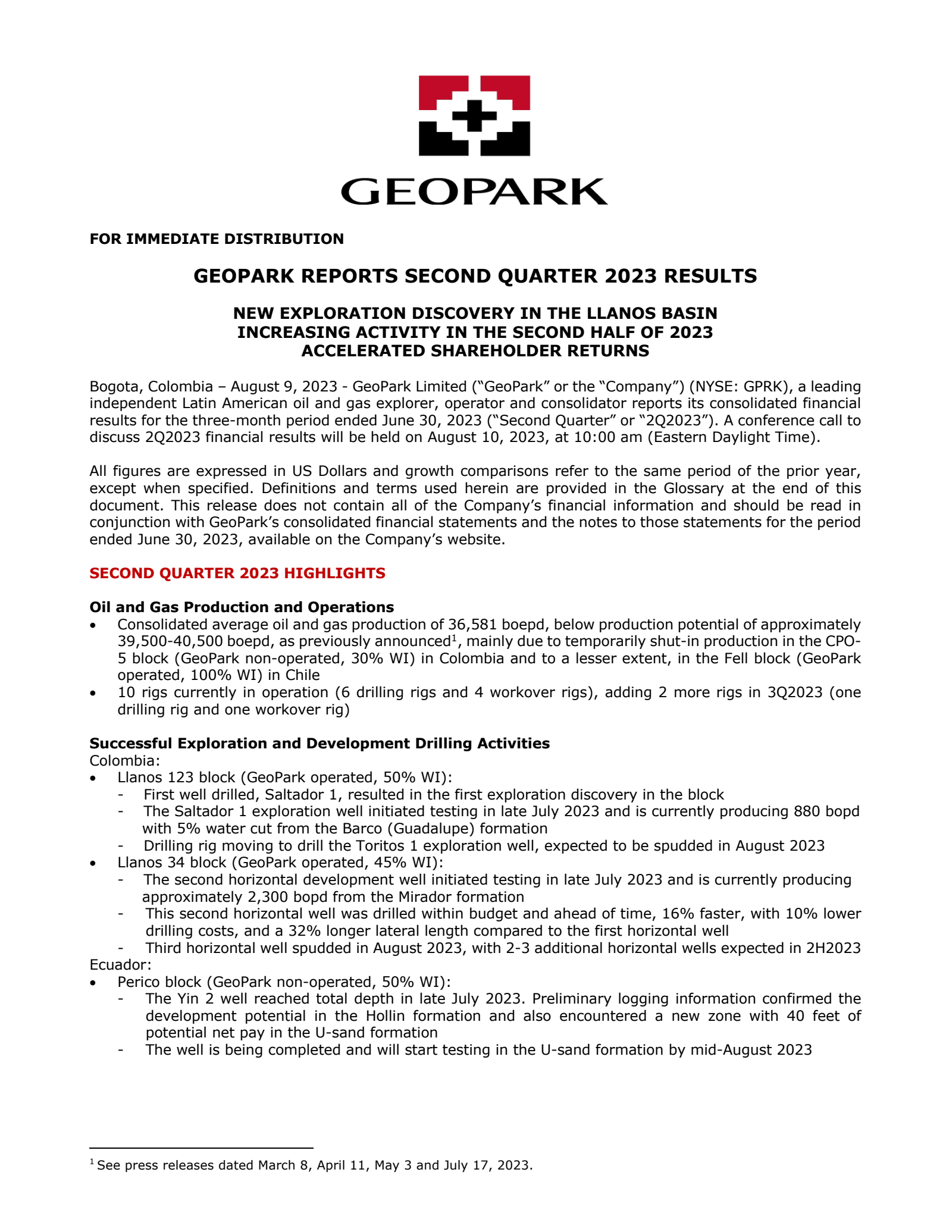 GeoPark's Q2 2023 Press Release