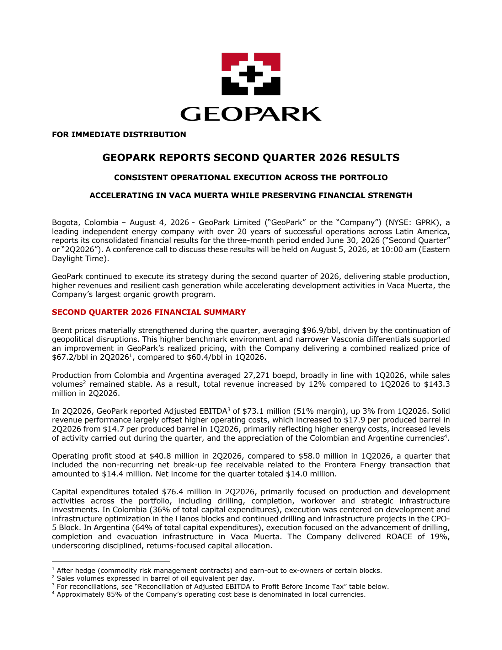 Geopark's Q2 2026 Press Release