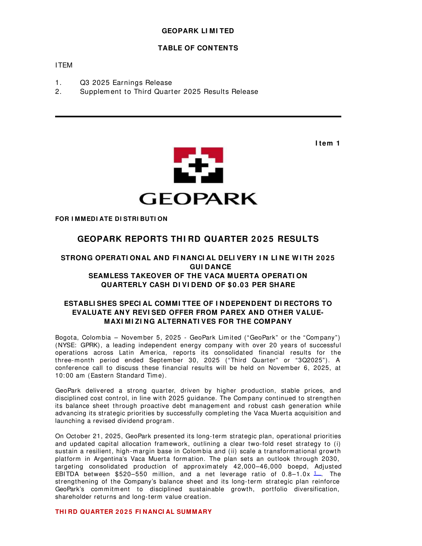 Geopark's Q3 2025 Earnings Release