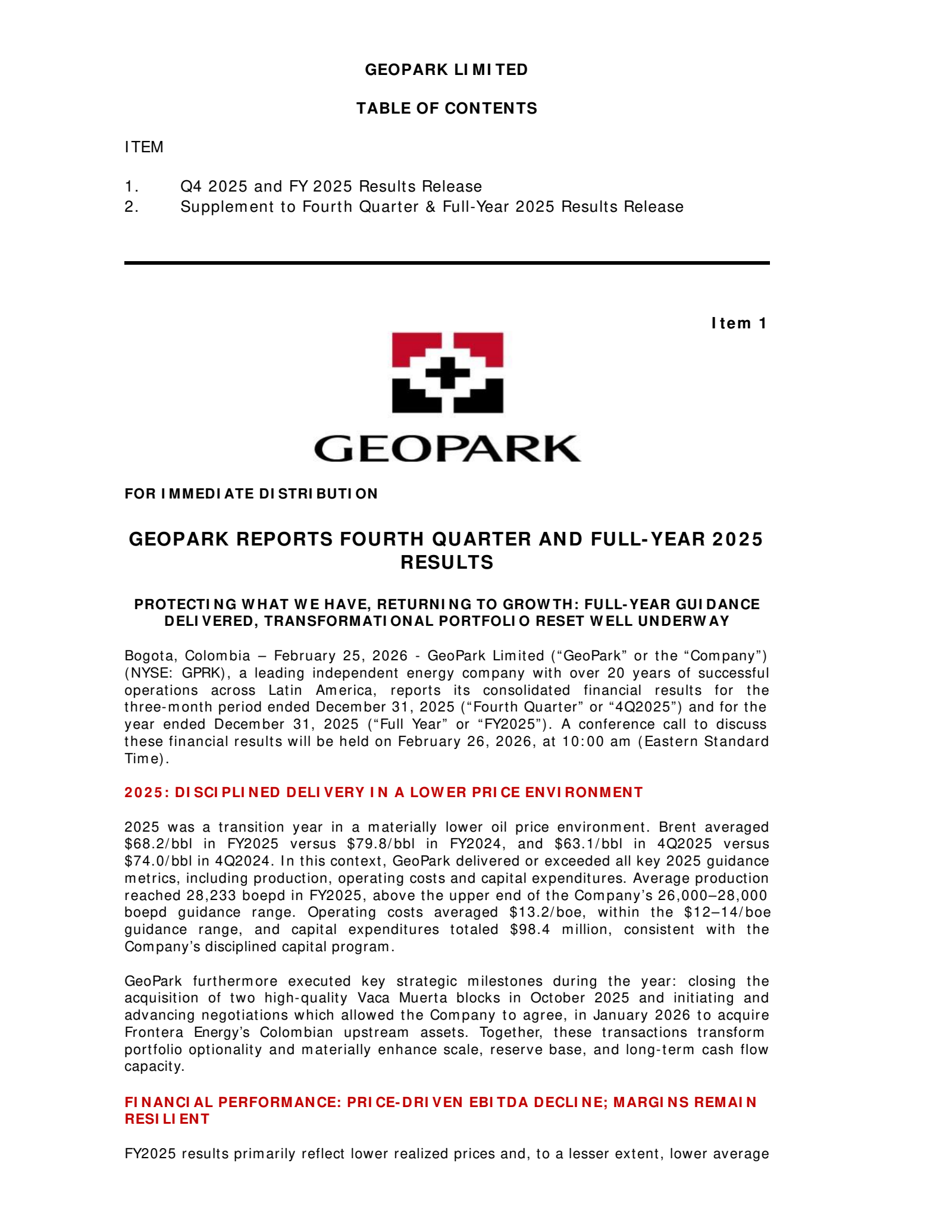 Geopark's Q4 2025 Press Release