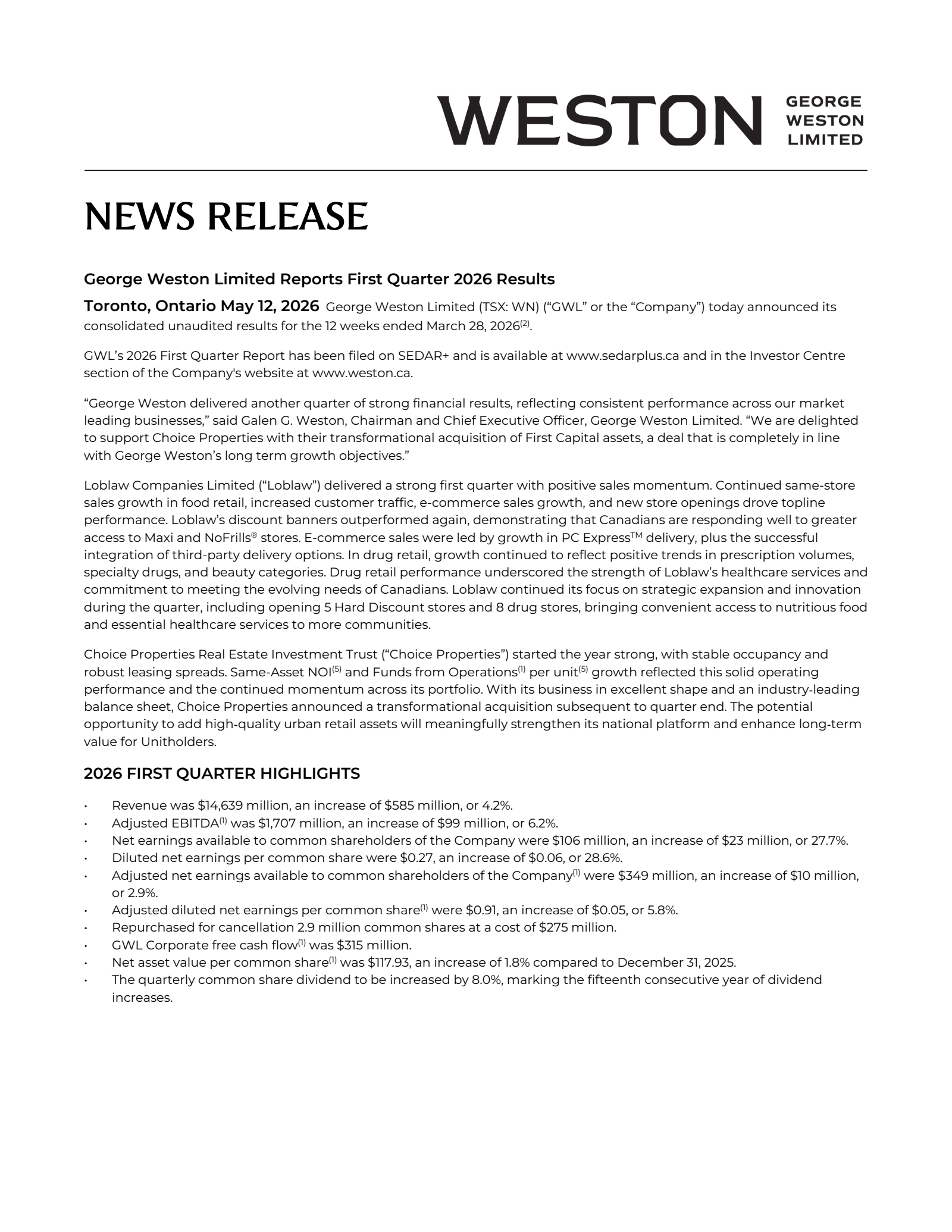 George Weston's Q1 2026 Press Release