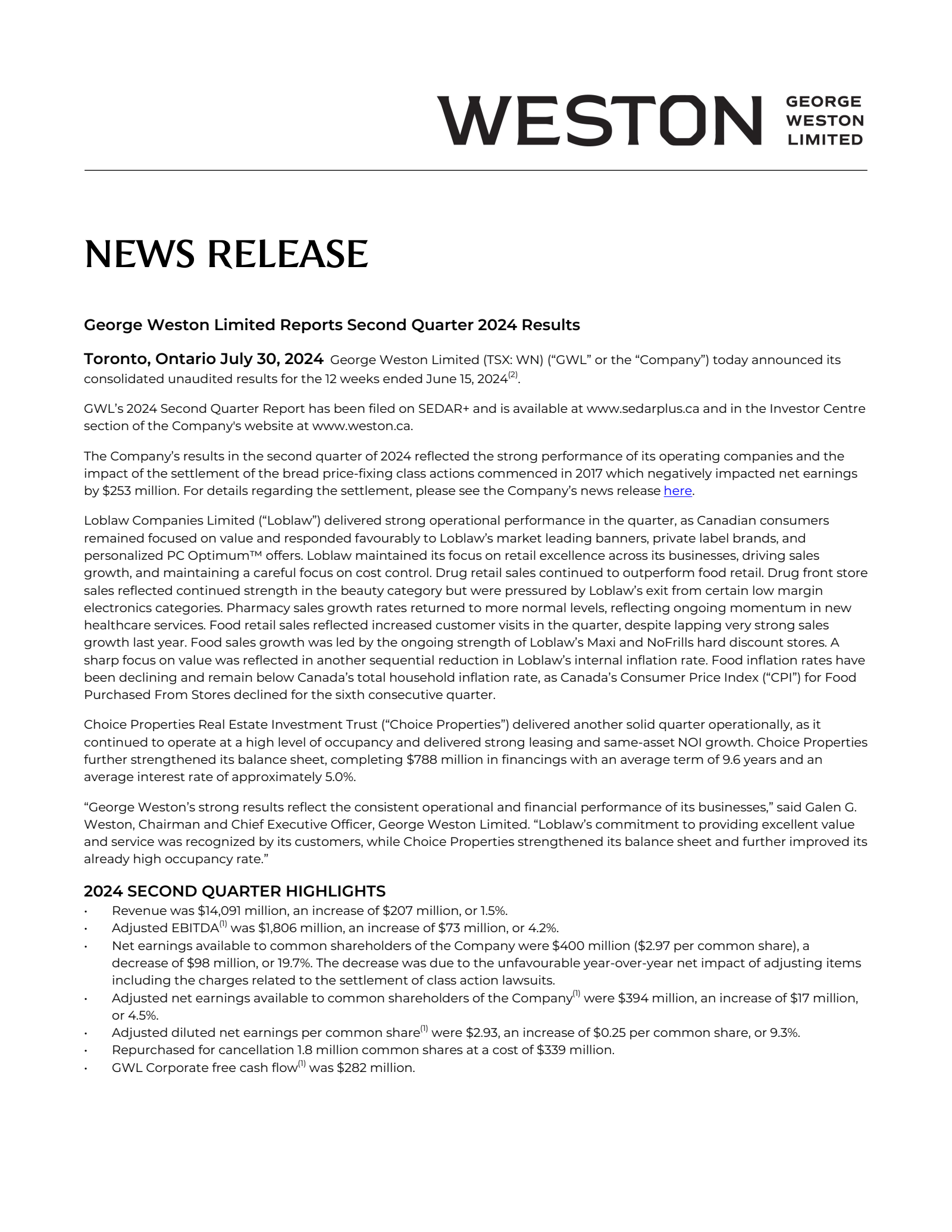 George Weston's Q2 2024 Press Release