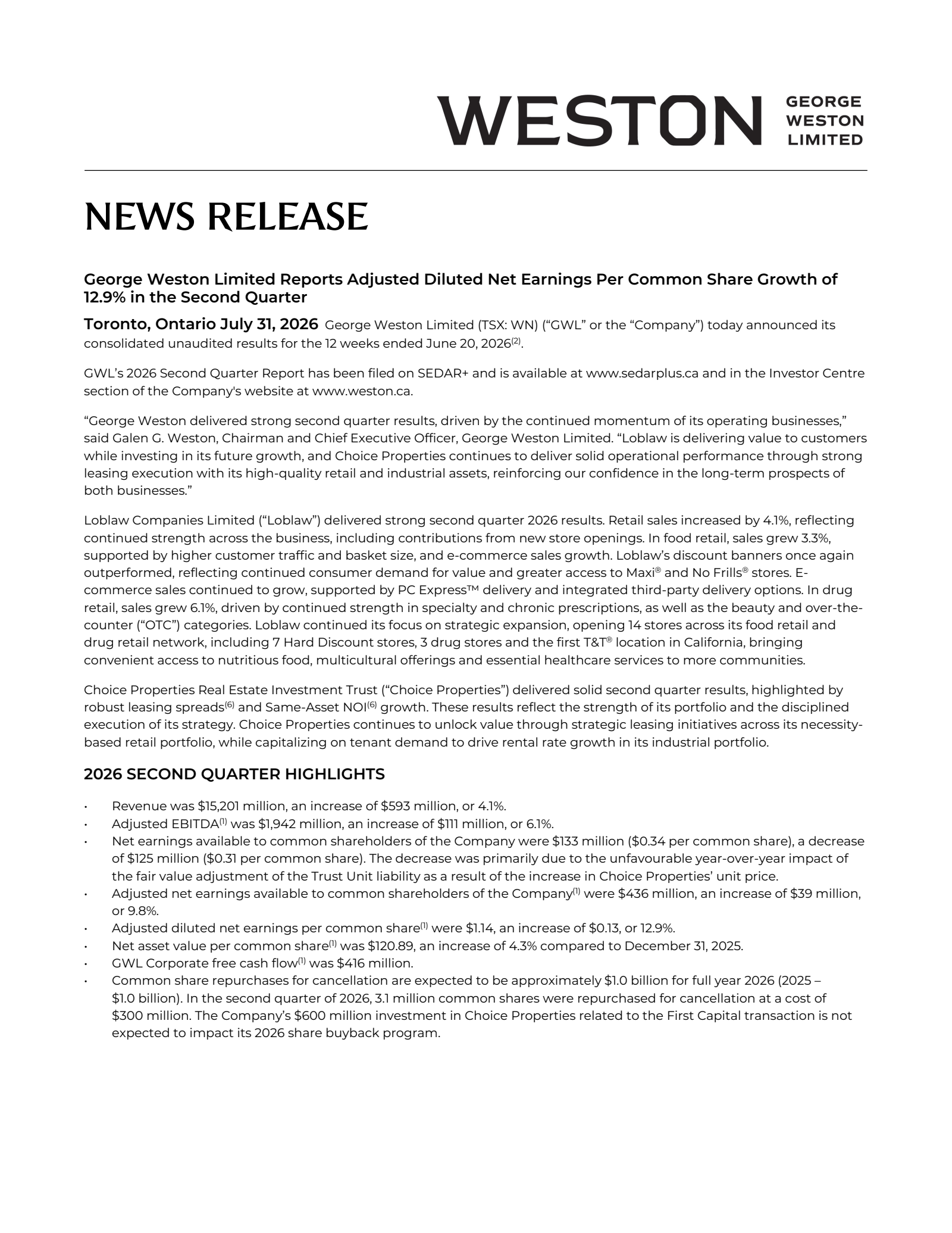 George Weston's Q2 2026 Press Release