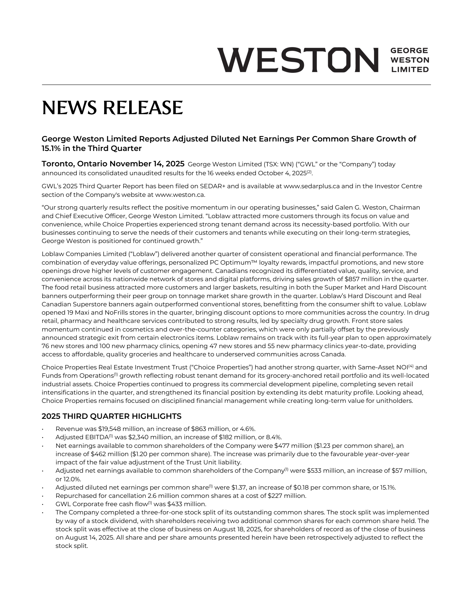 George Weston's Q3 2025 Earnings Release