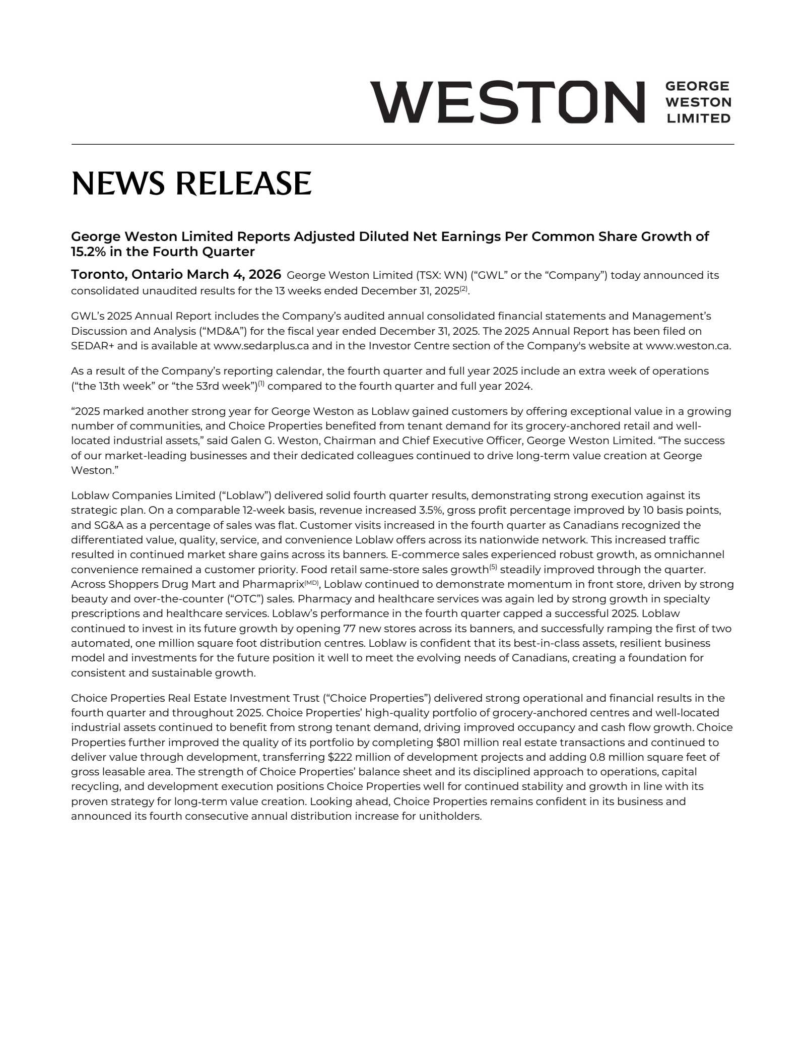George Weston's Q4 2025 Press Release