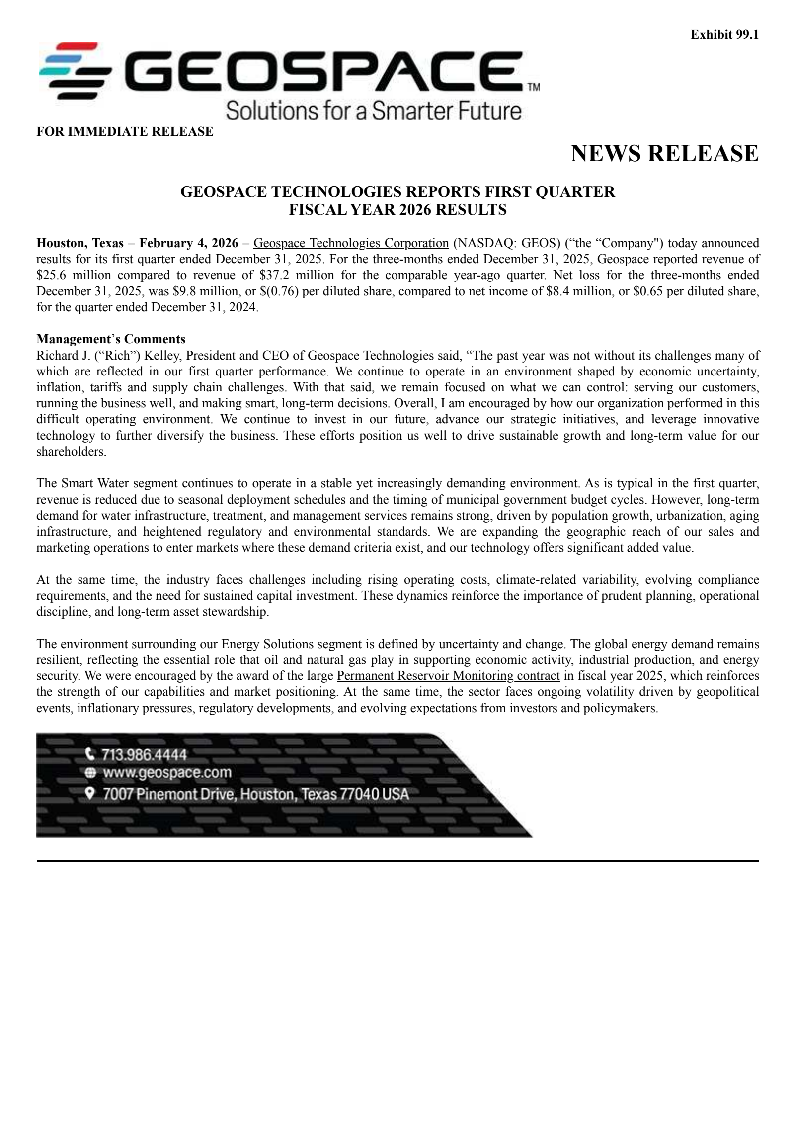 Geospace Technologies' Q1 2026 Press Release