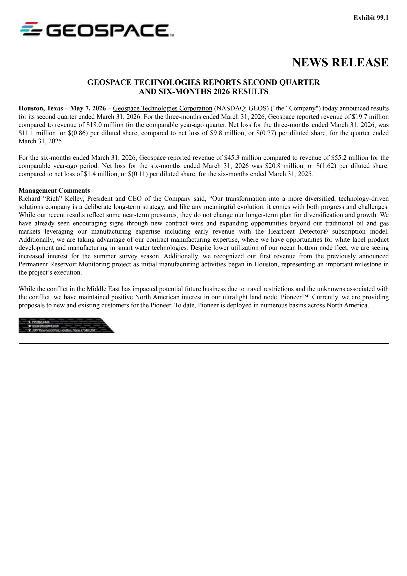 Geospace Technologies' Q2 2026 Press Release