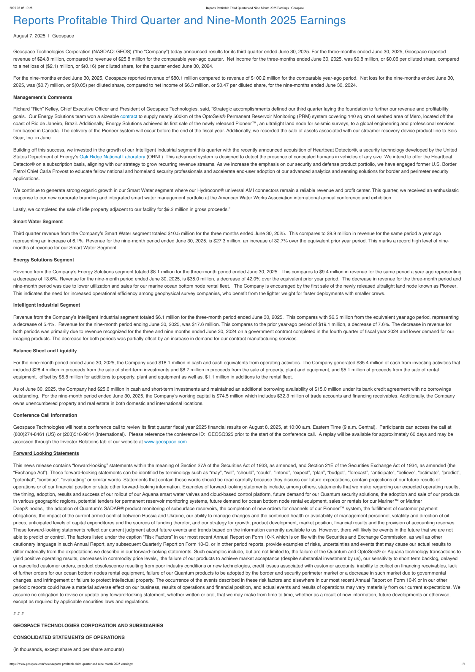 Geospace Technologies' Q3 2025 Press Release