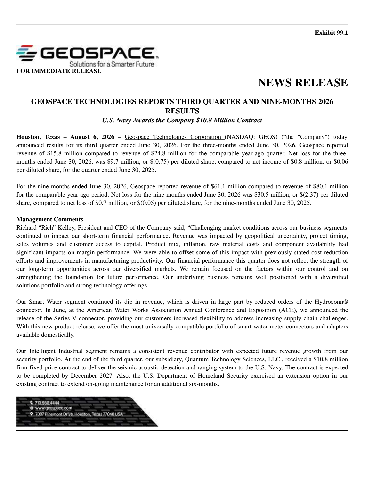 Geospace Technologies' Q3 2026 Press Release