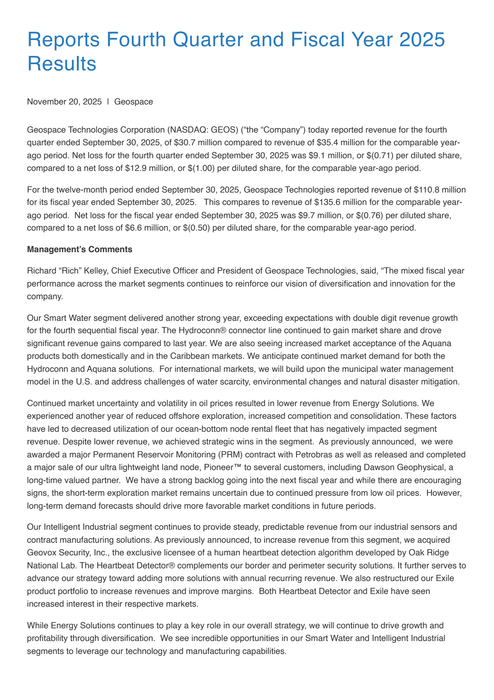 Geospace Technologies' Q4 2025 Earnings Release