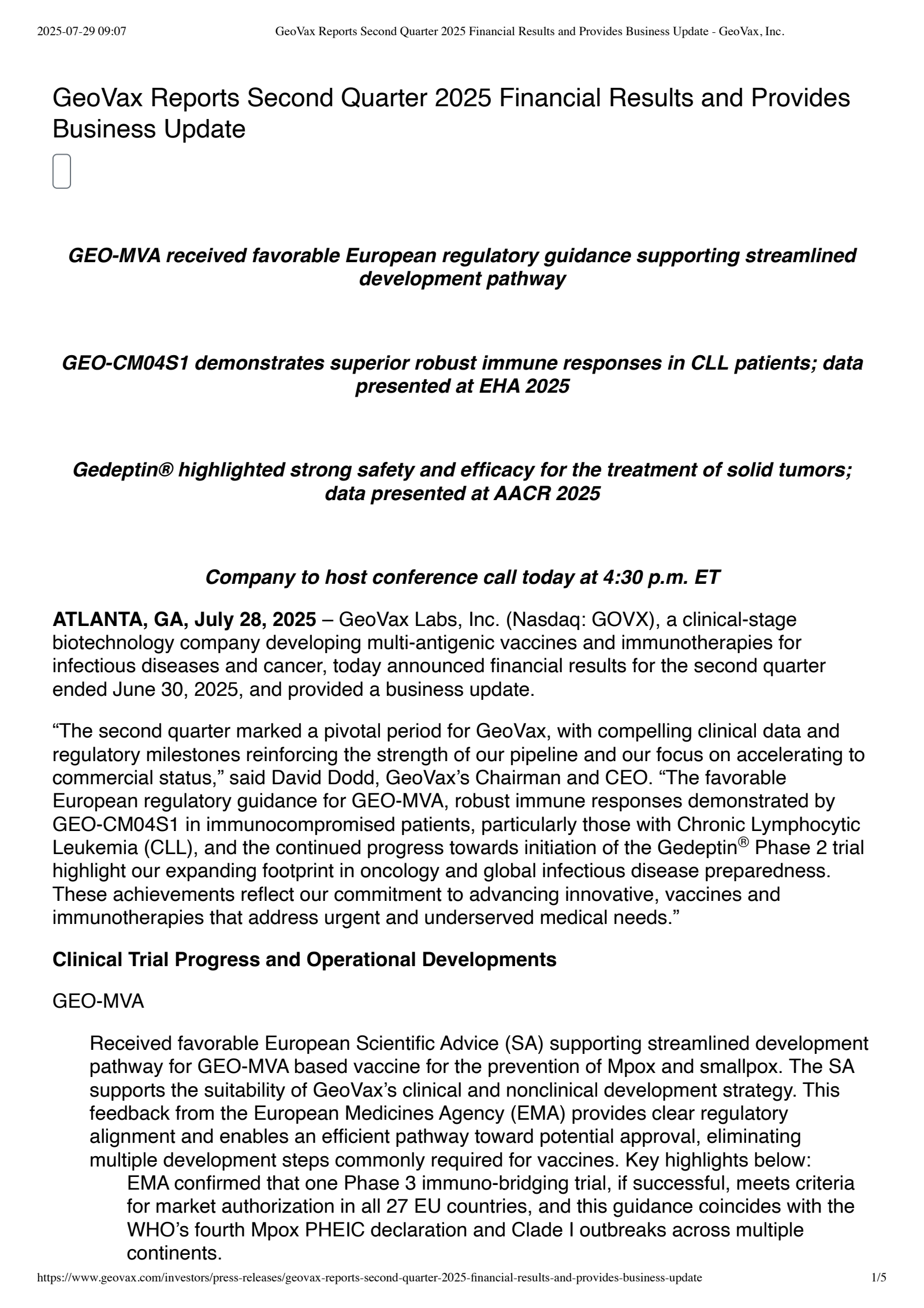 GeoVax Labs' Q2 2025 Press Release