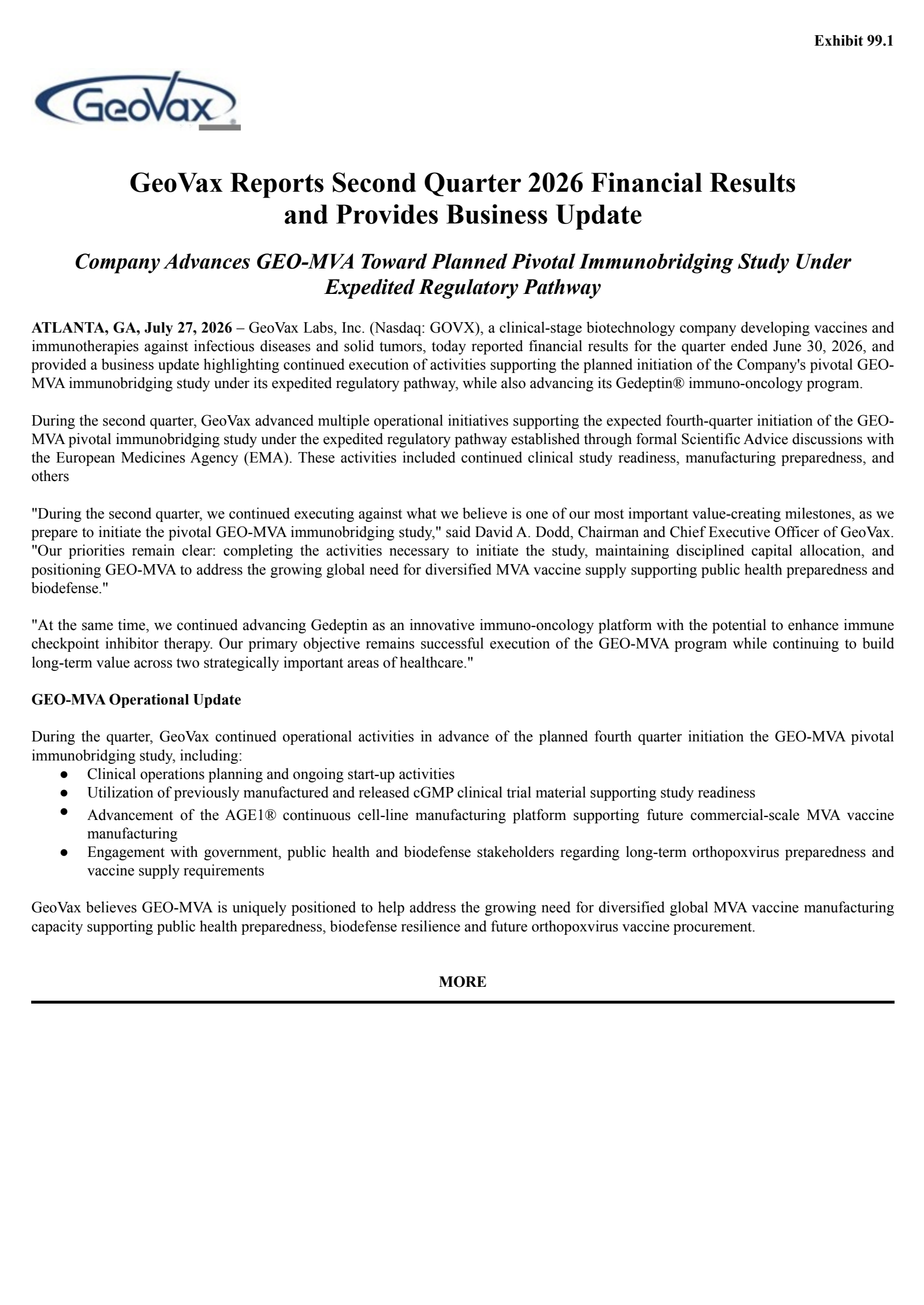 GeoVax Labs' Q2 2026 Press Release