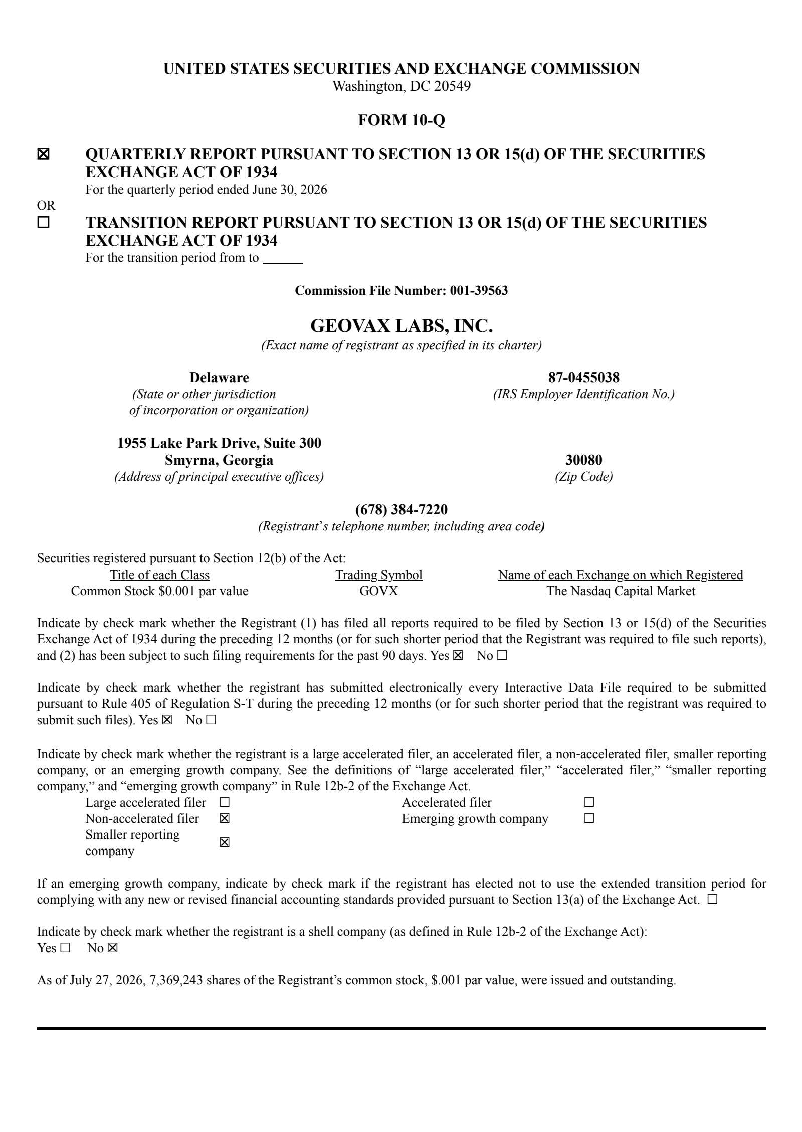 GeoVax Labs' Q2 2026 Quarterly report