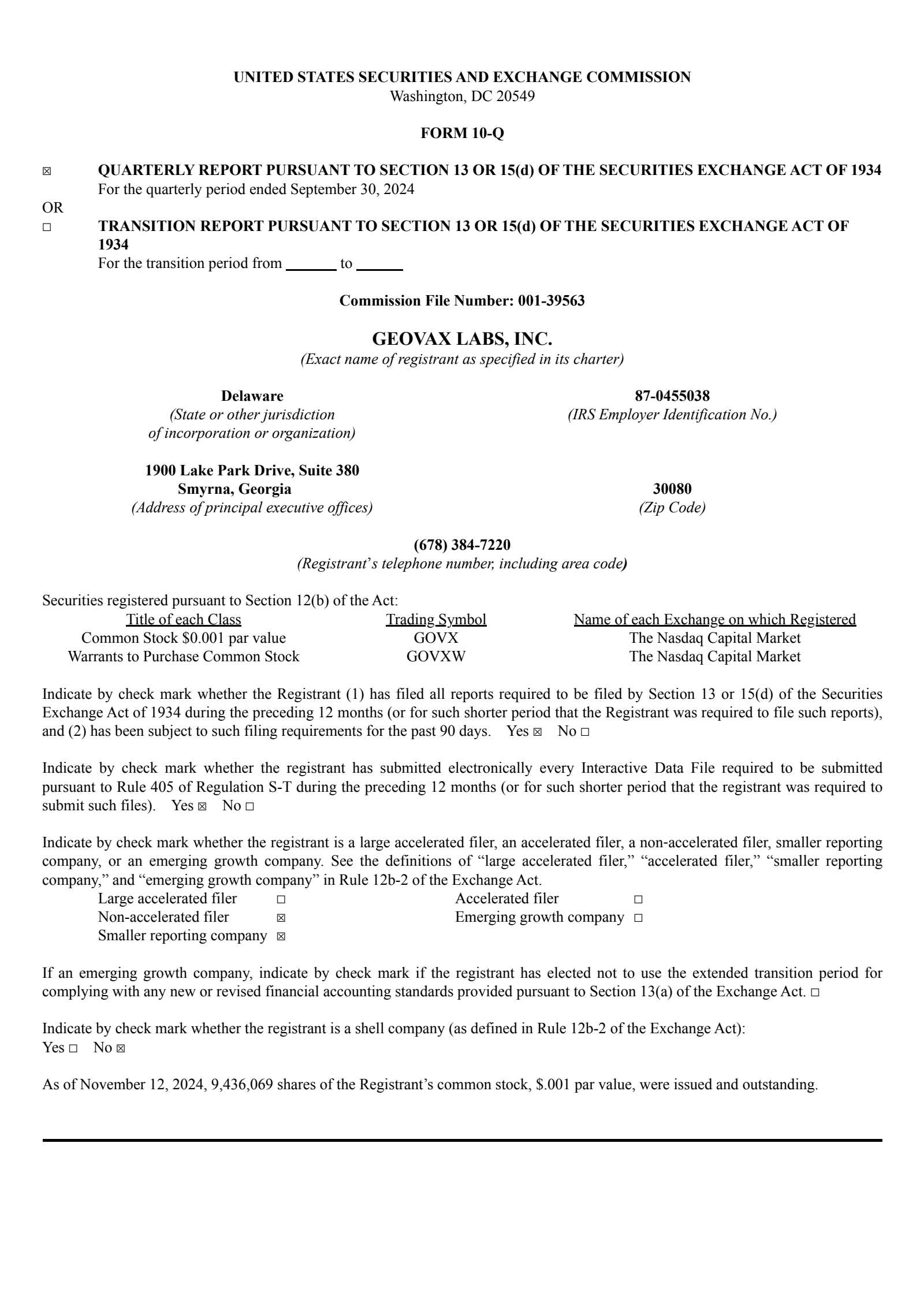 GeoVax Labs' Q3 2024 Quarterly report