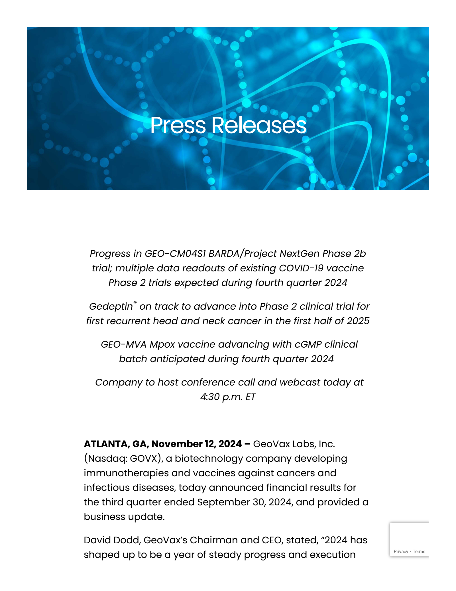 GeoVax Labs' Q3 2024 Press Release