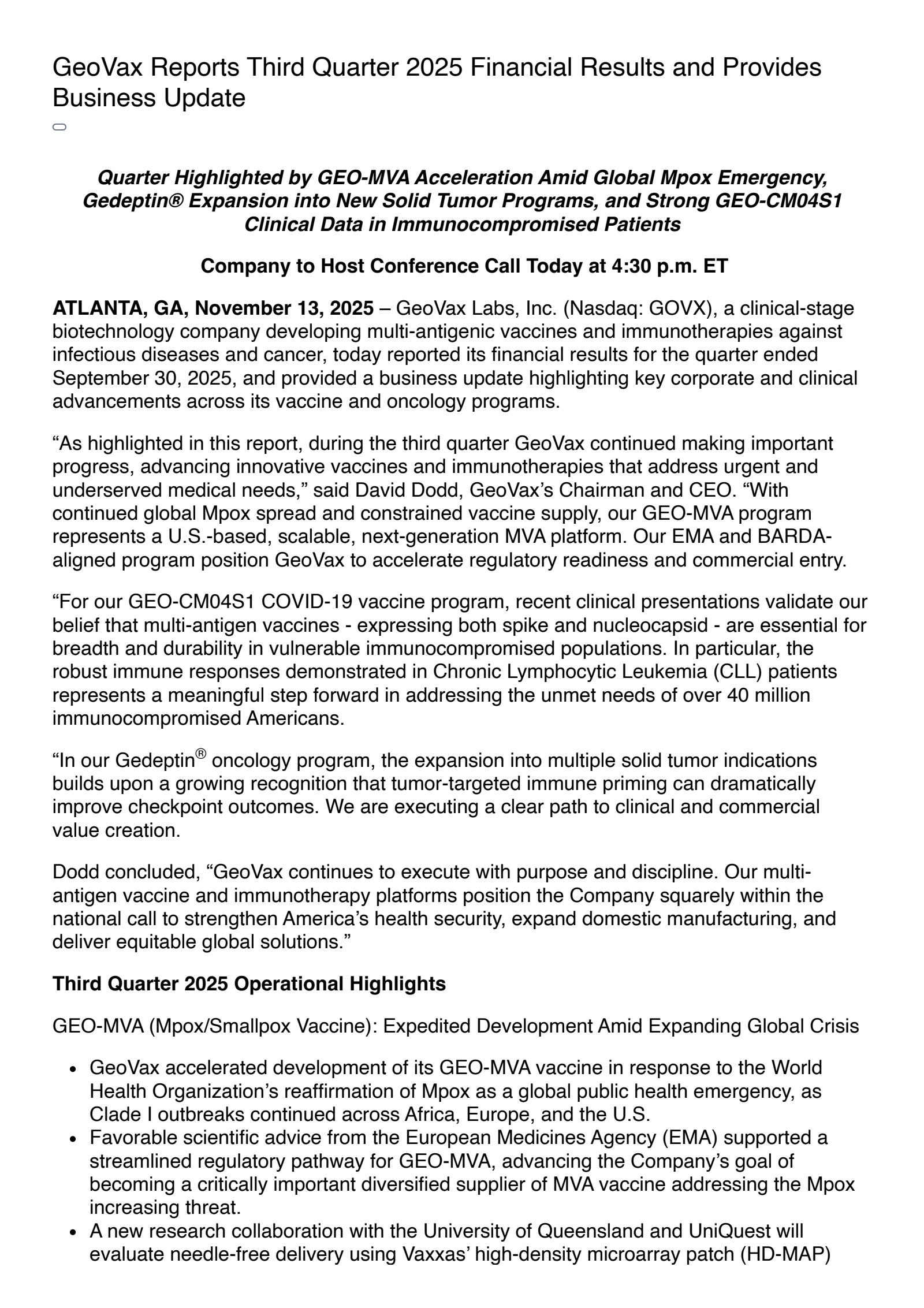 GeoVax Labs' Q3 2025 Earnings Release