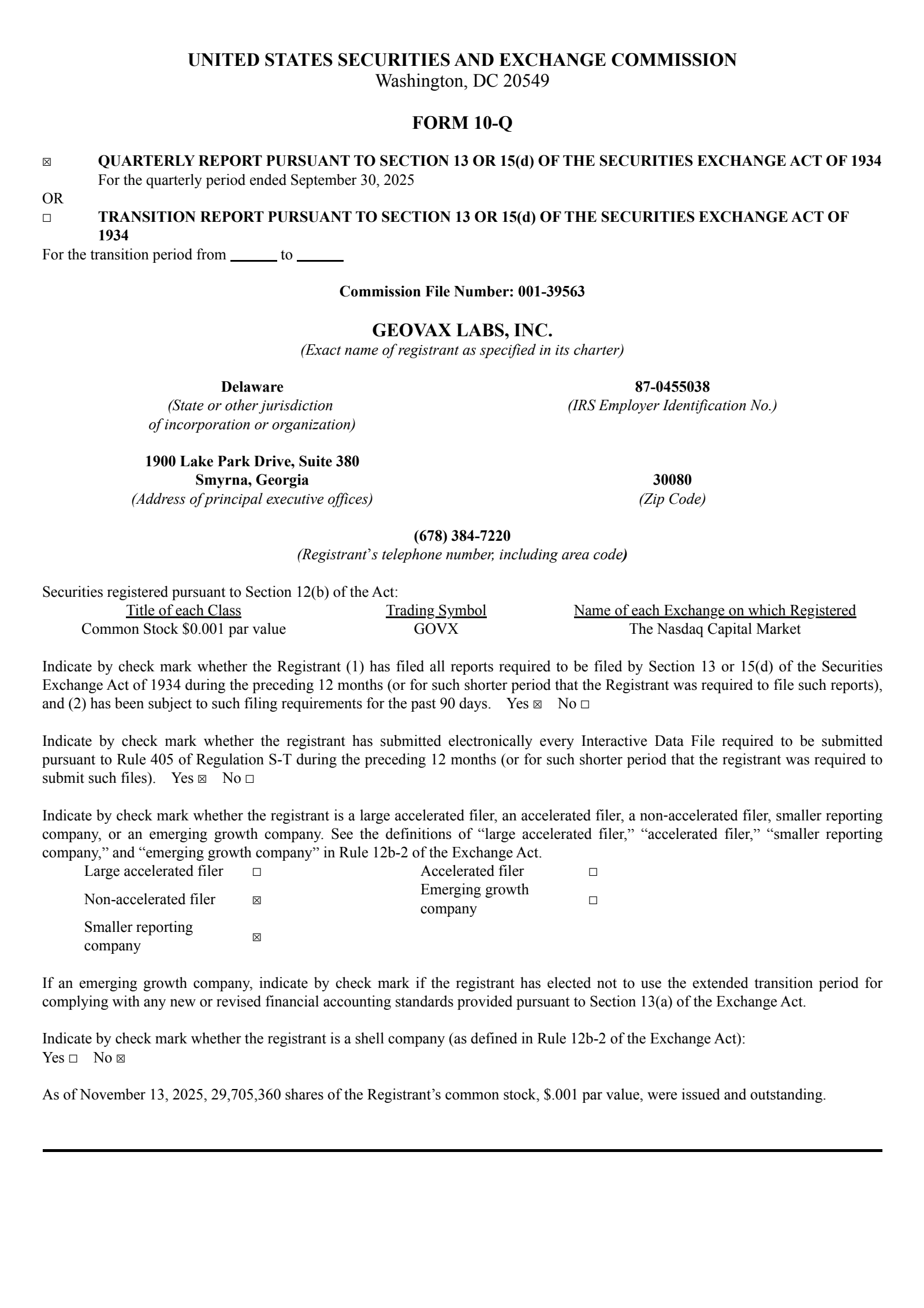 GeoVax Labs' Q3 2025 Quarterly Report