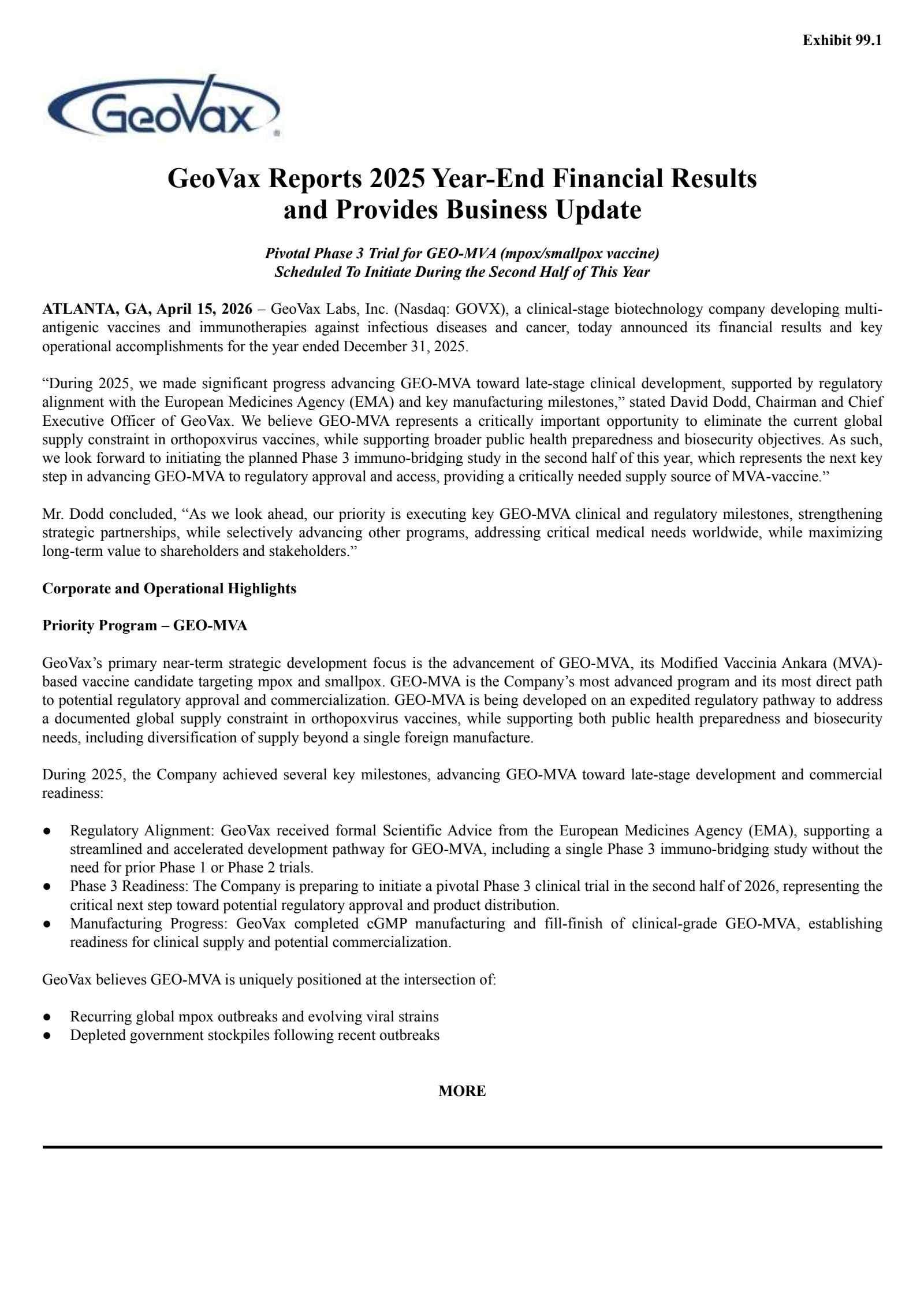 GeoVax Labs' Q4 2025 Press Release