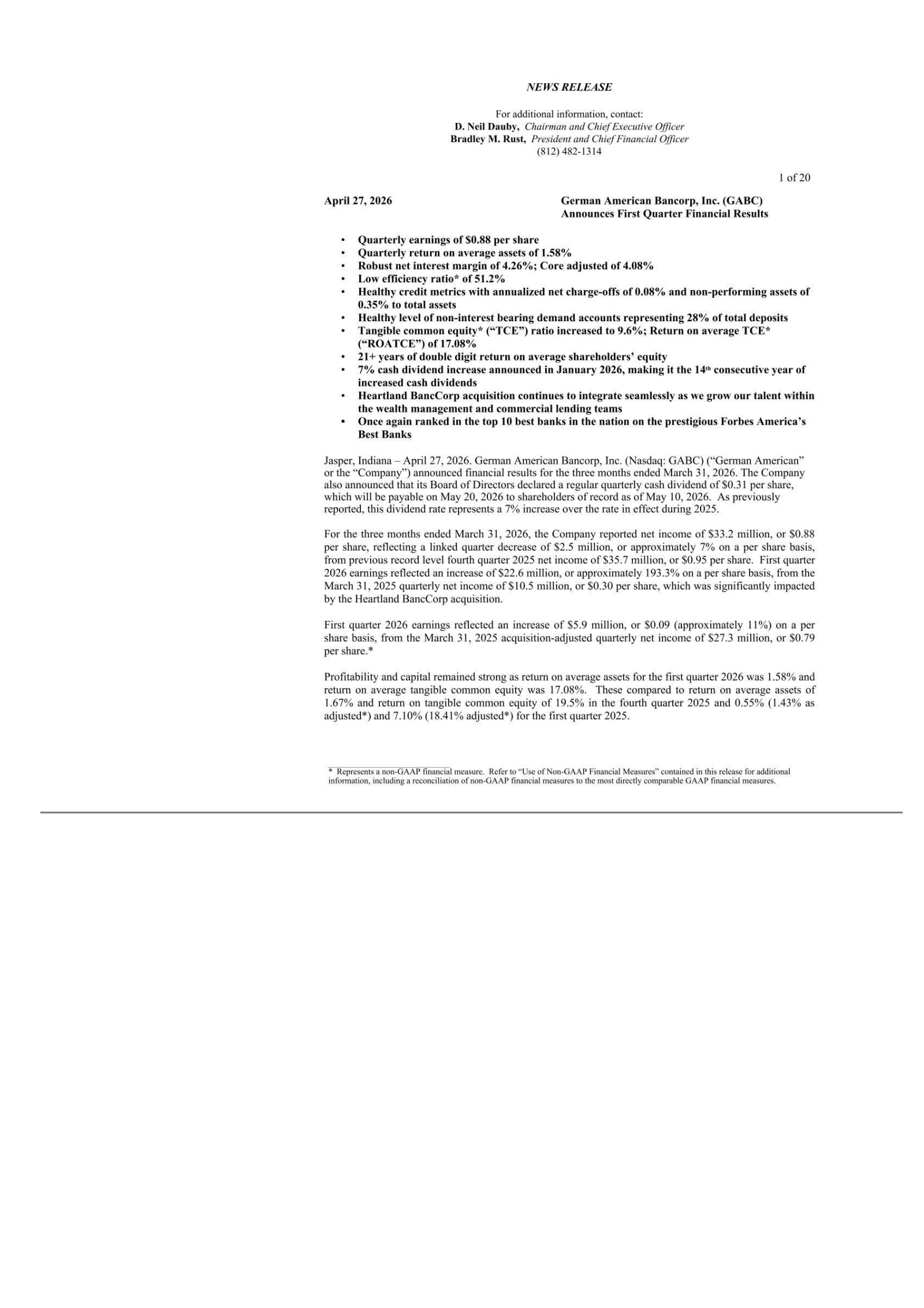 German American Bancorp's Q1 2026 Press Release