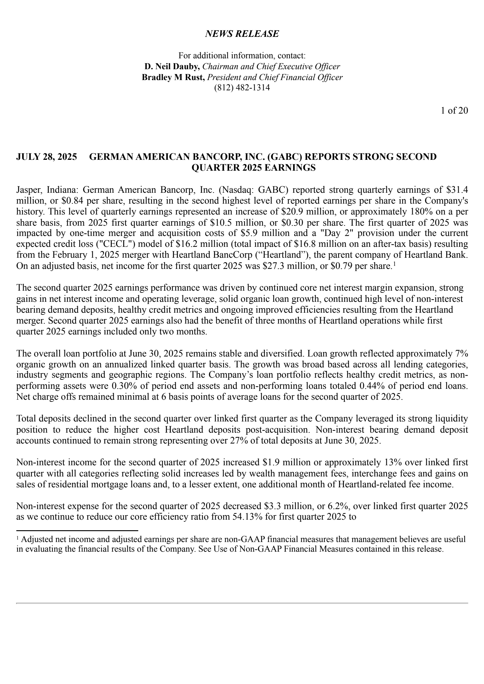 German American Bancorp's Q2 2025 Press Release