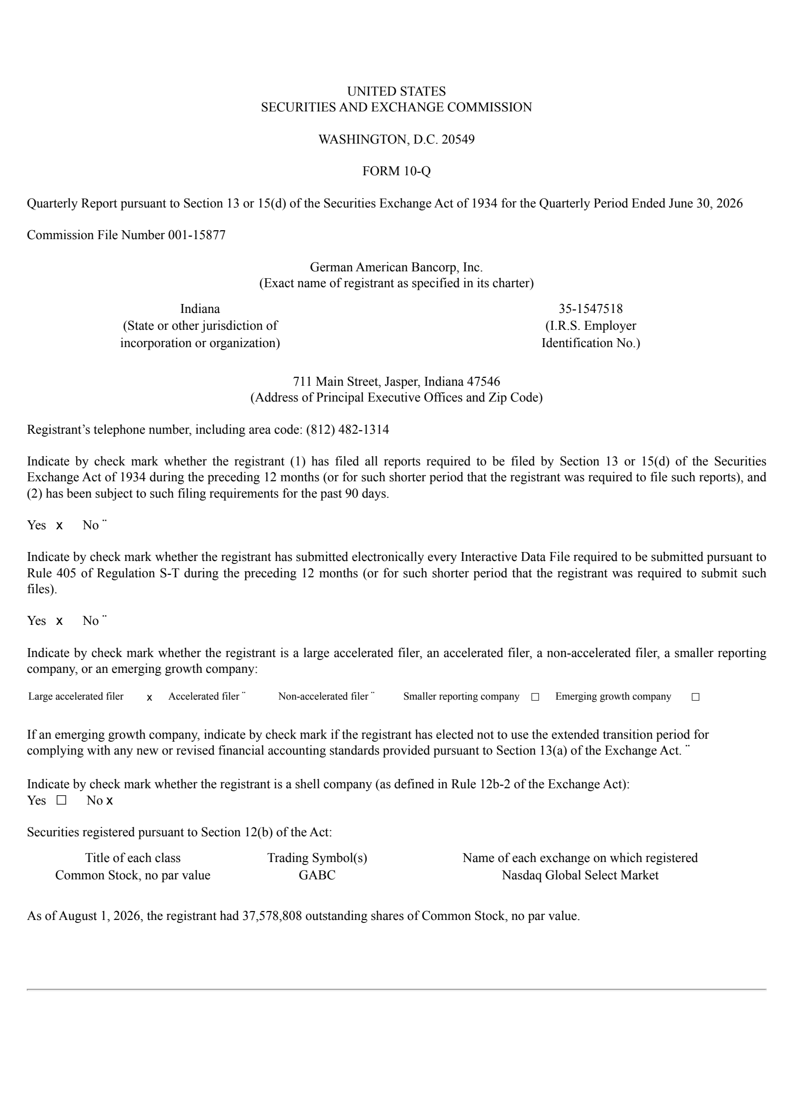 German American Bancorp's Q2 2026 Quarterly report