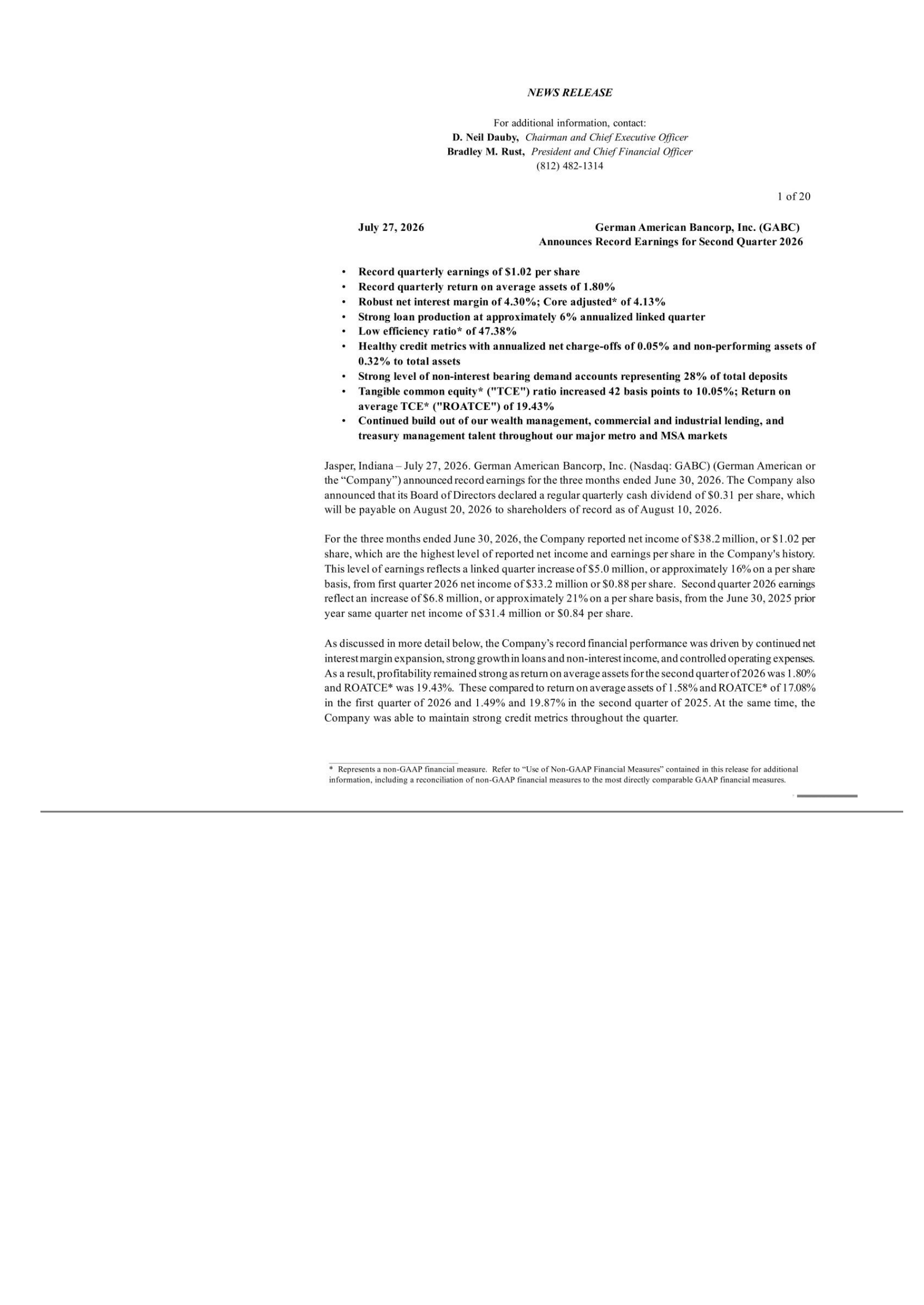 German American Bancorp's Q2 2026 Press Release