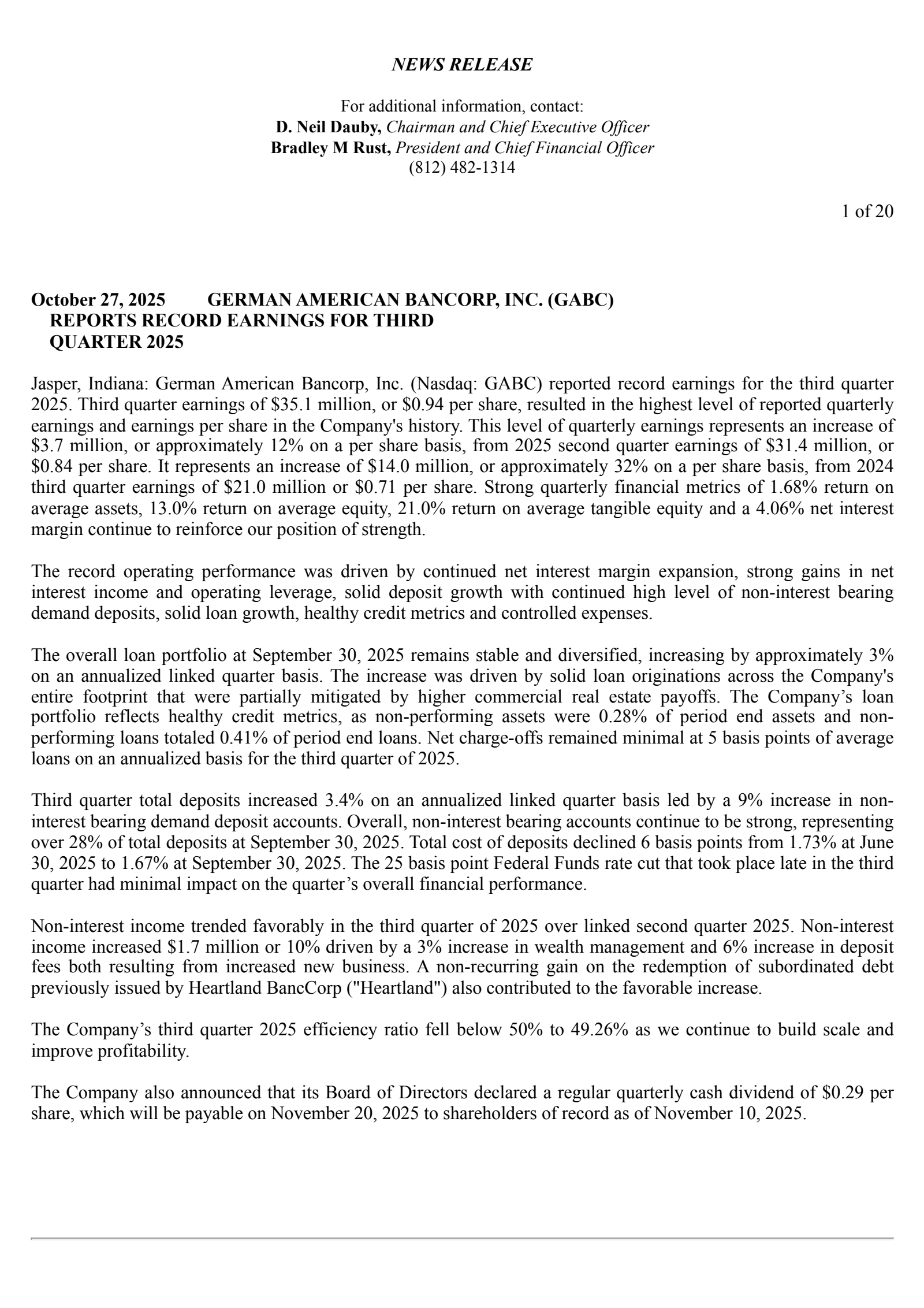 German American Bancorp's Q3 2025 Earnings Release