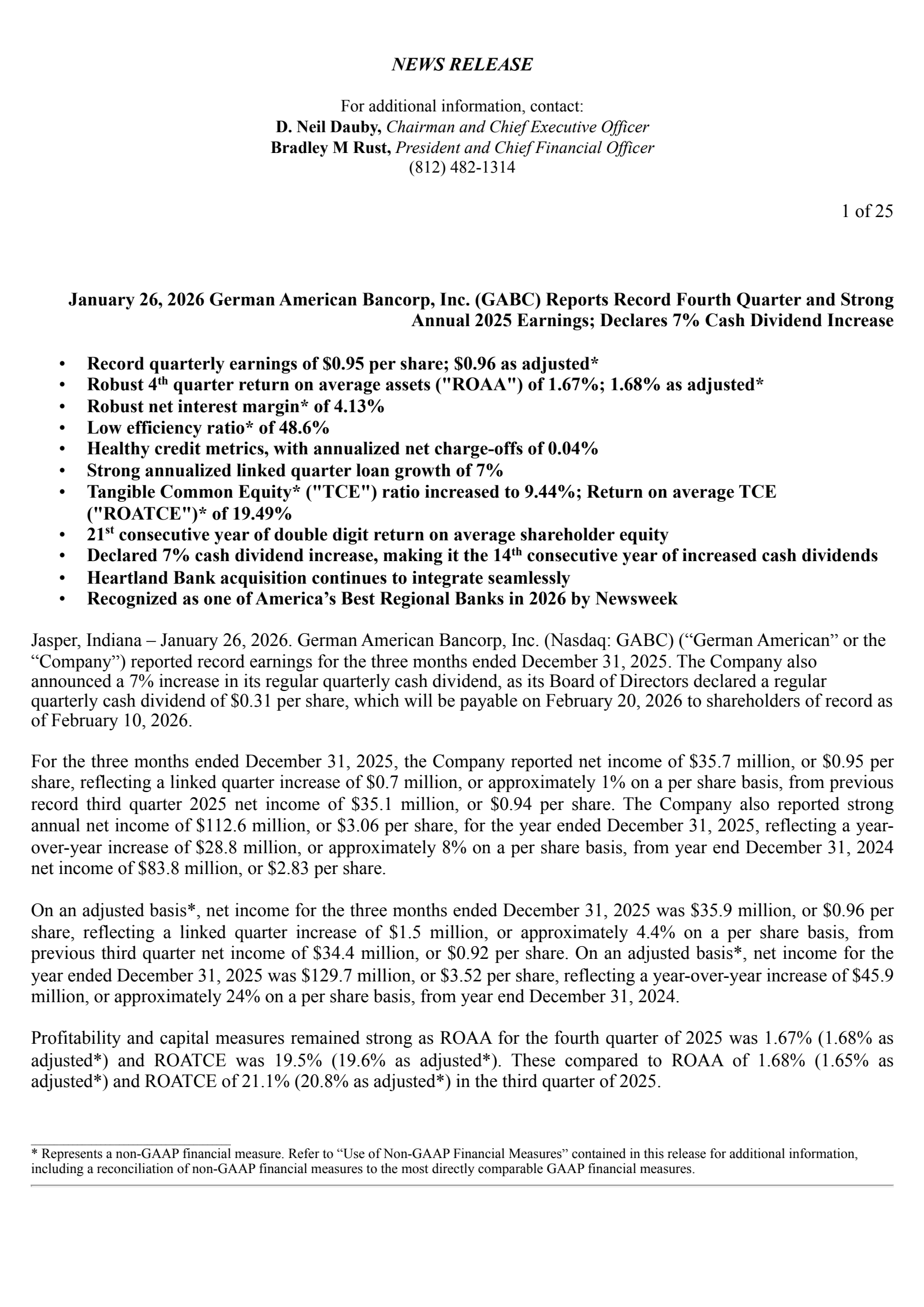 German American Bancorp's Q4 2025 Press Release