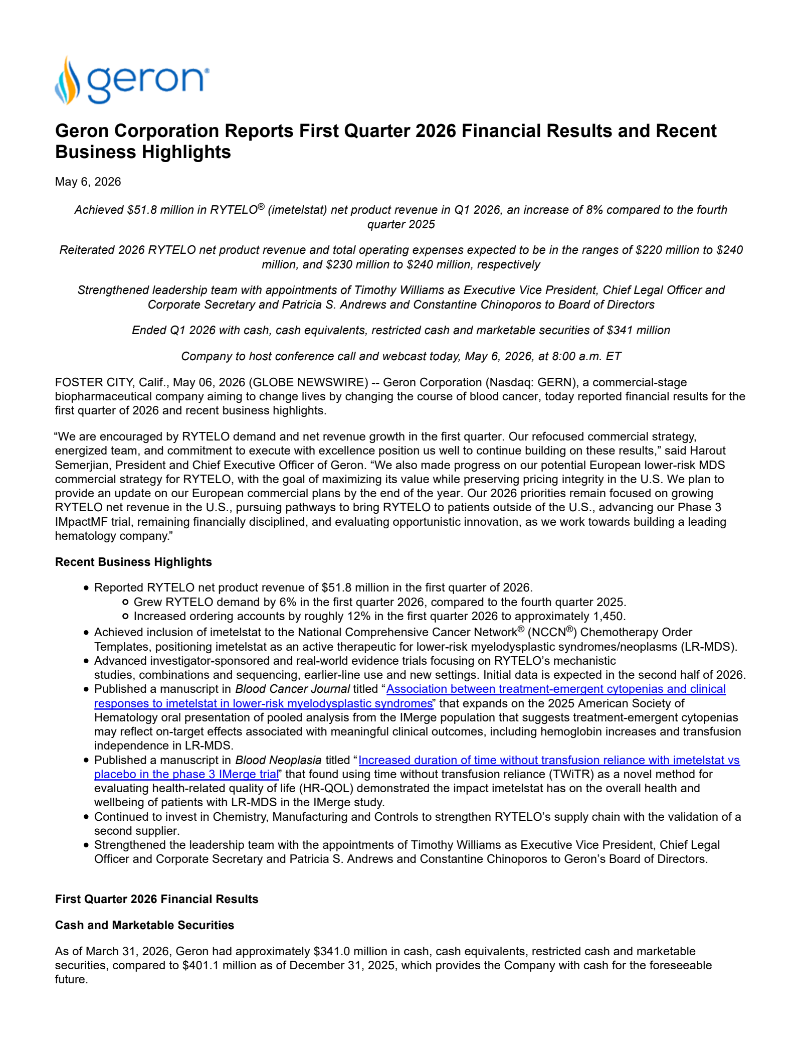 Geron's Q1 2026 Press Release