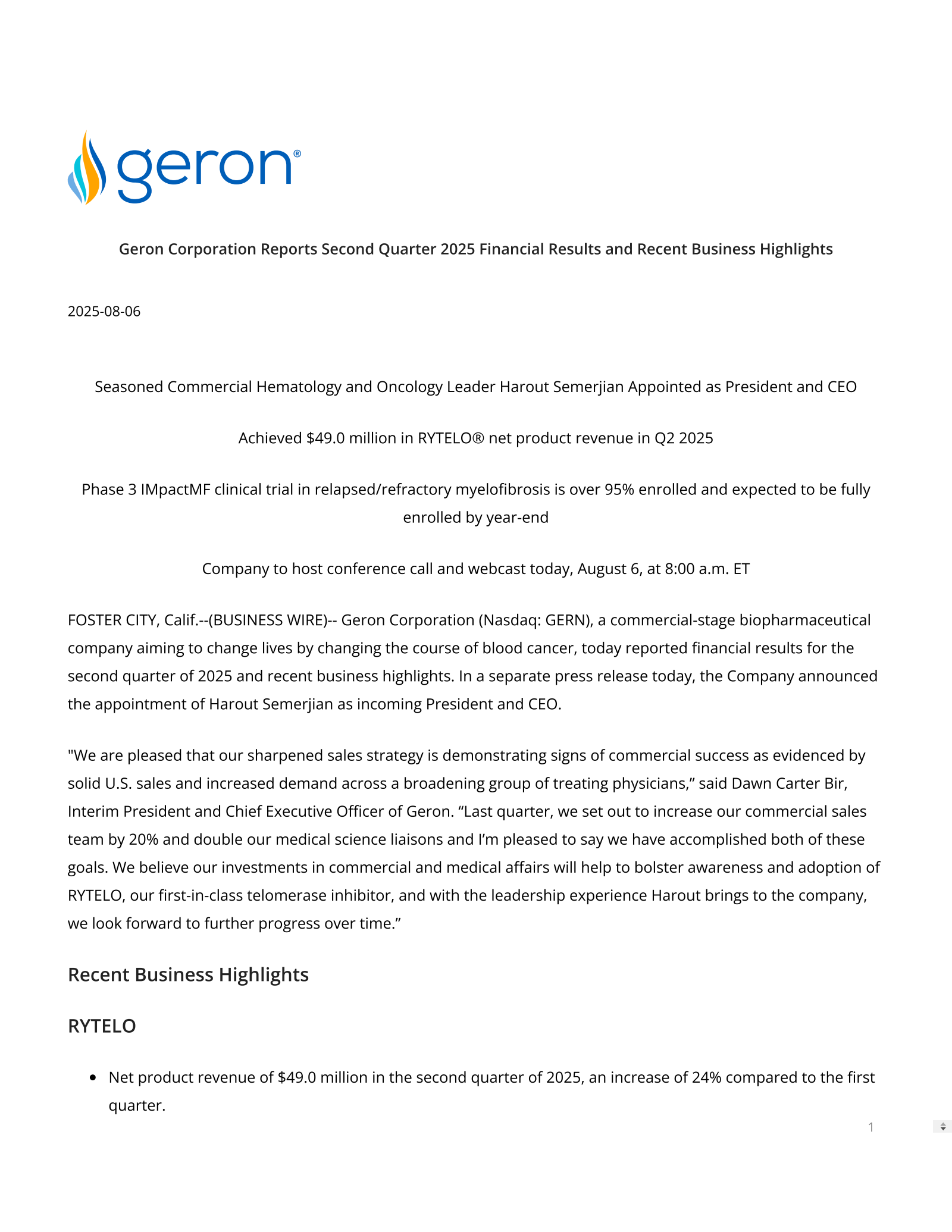 Geron's Q2 2025 Press Release