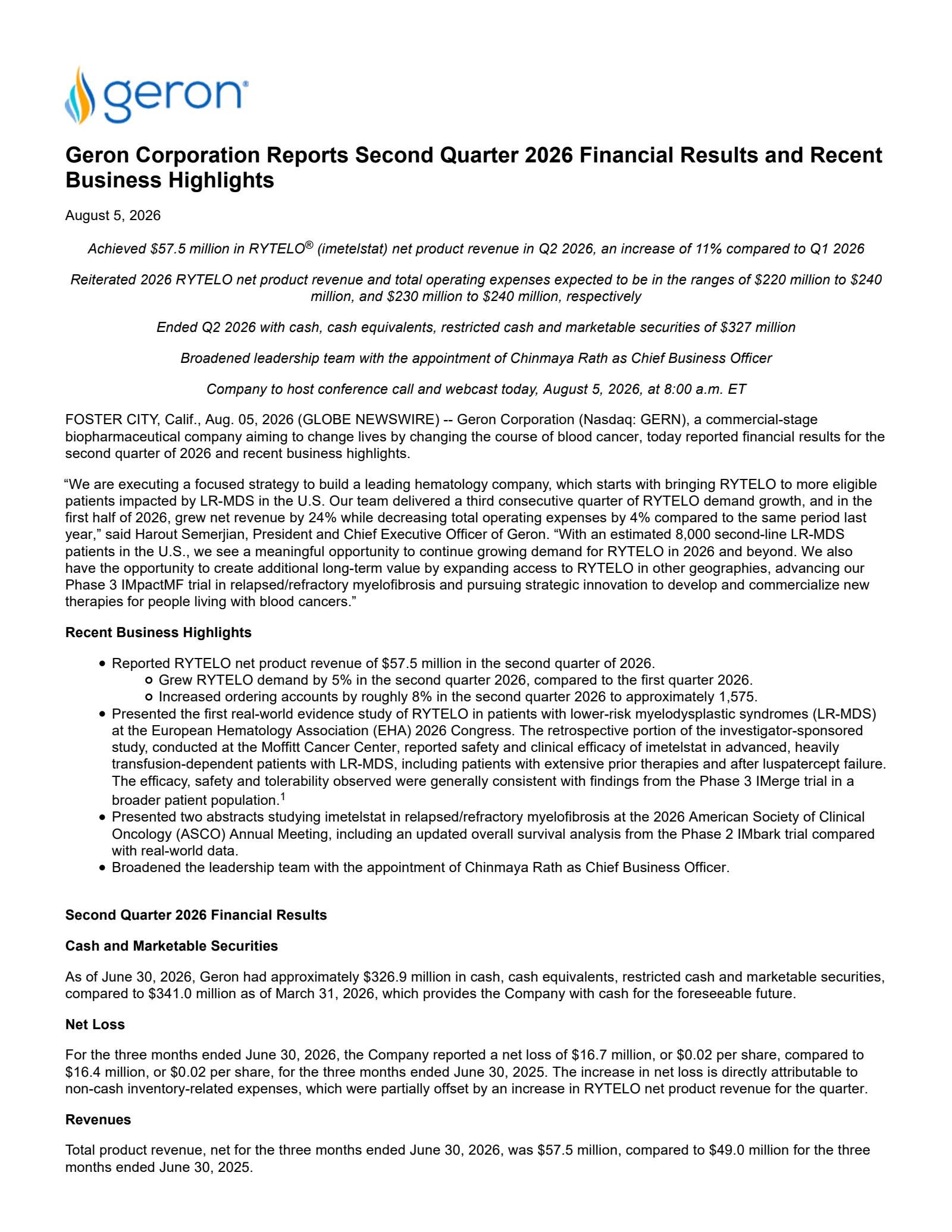 Geron's Q2 2026 Press Release