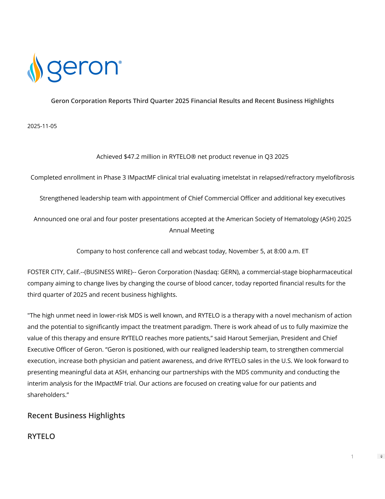 Geron's Q3 2025 Earnings Release