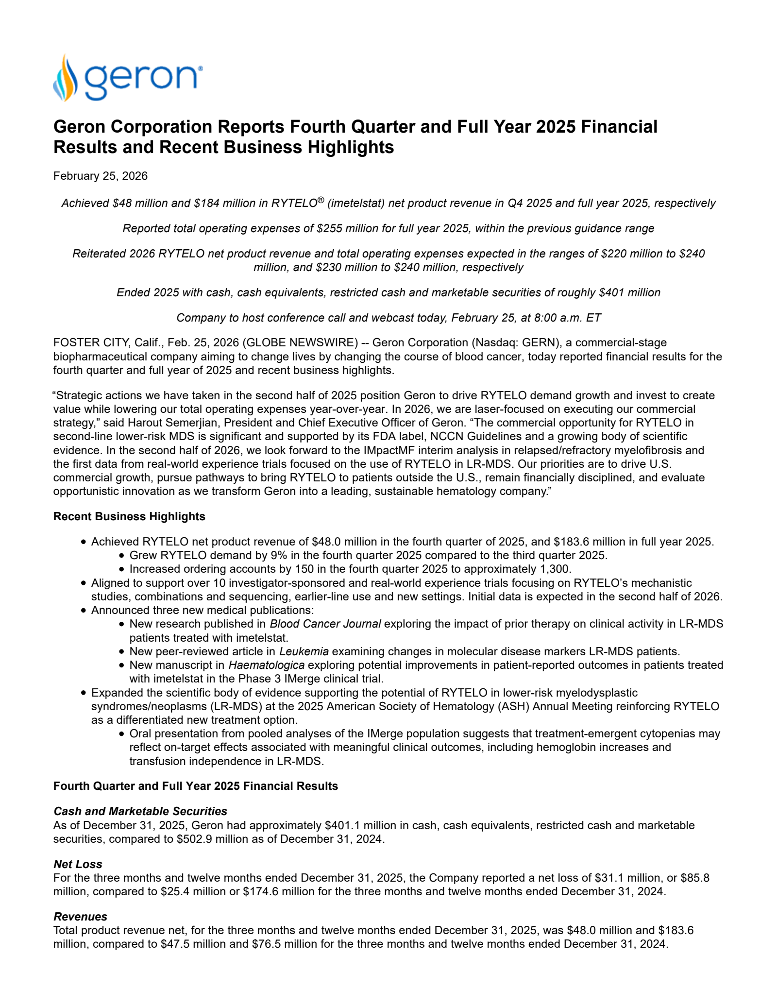 Geron's Q4 2025 Press Release